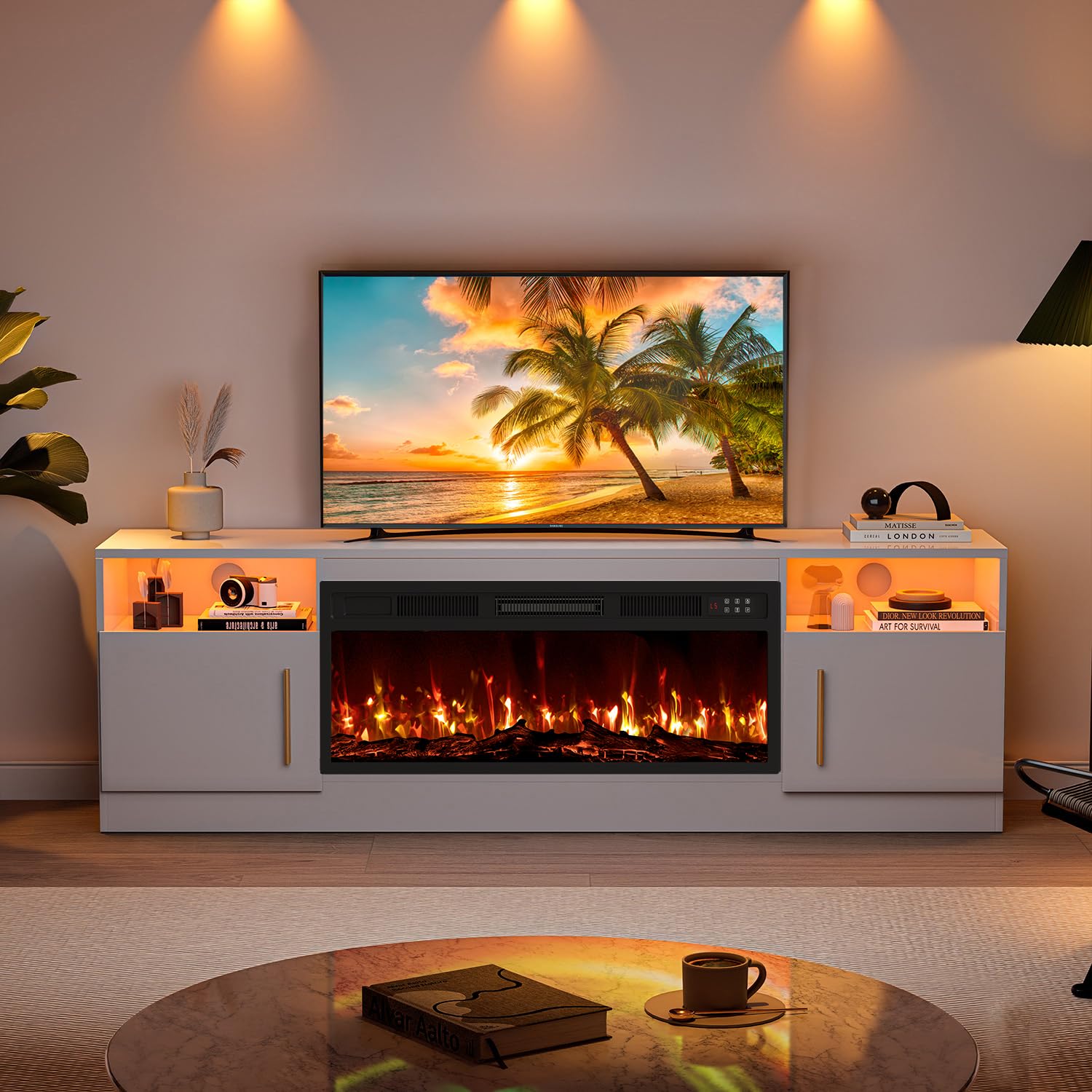 VITESSE 58 Inches Fireplace TV Stand for TVs up to 65 Inches Console with 18'' Electric Fireplace & Remote,Wooden Modern Entertainment Center for Living Room with LED Light Glass Shelves（Bei）