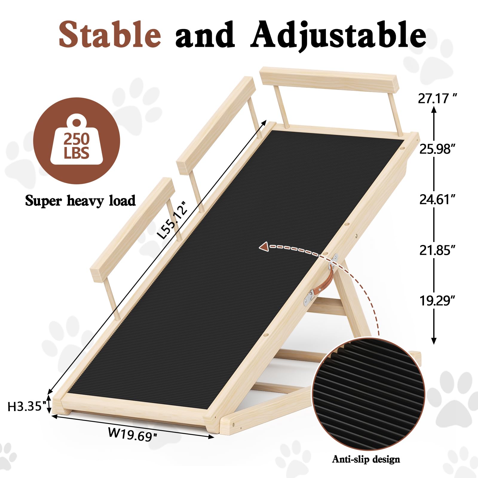 Dog Ramp for Couch, Wooden Pet Ramps 39.37" Long Adjustable 12"-20.47" Folding Puppy Ramps with Anti-Slip Rubber Mat, Dog Stairs for Small & Medium Older Dogs & Cats, up to 100lbs