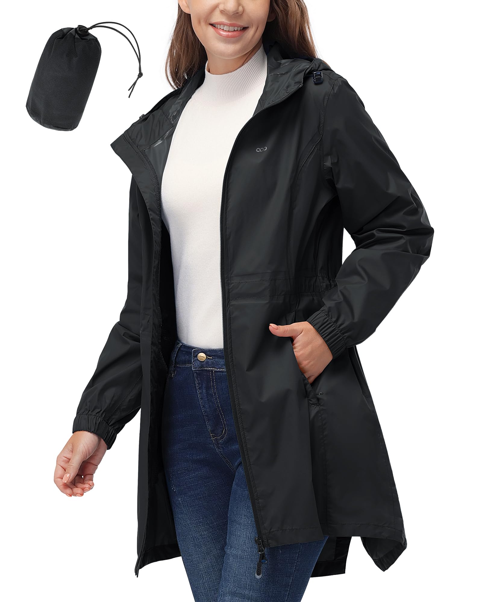 33,000ft Women's Waterproof Long Rain Coats Packable Rain Jacket with Hood Trench Coats Windbreaker