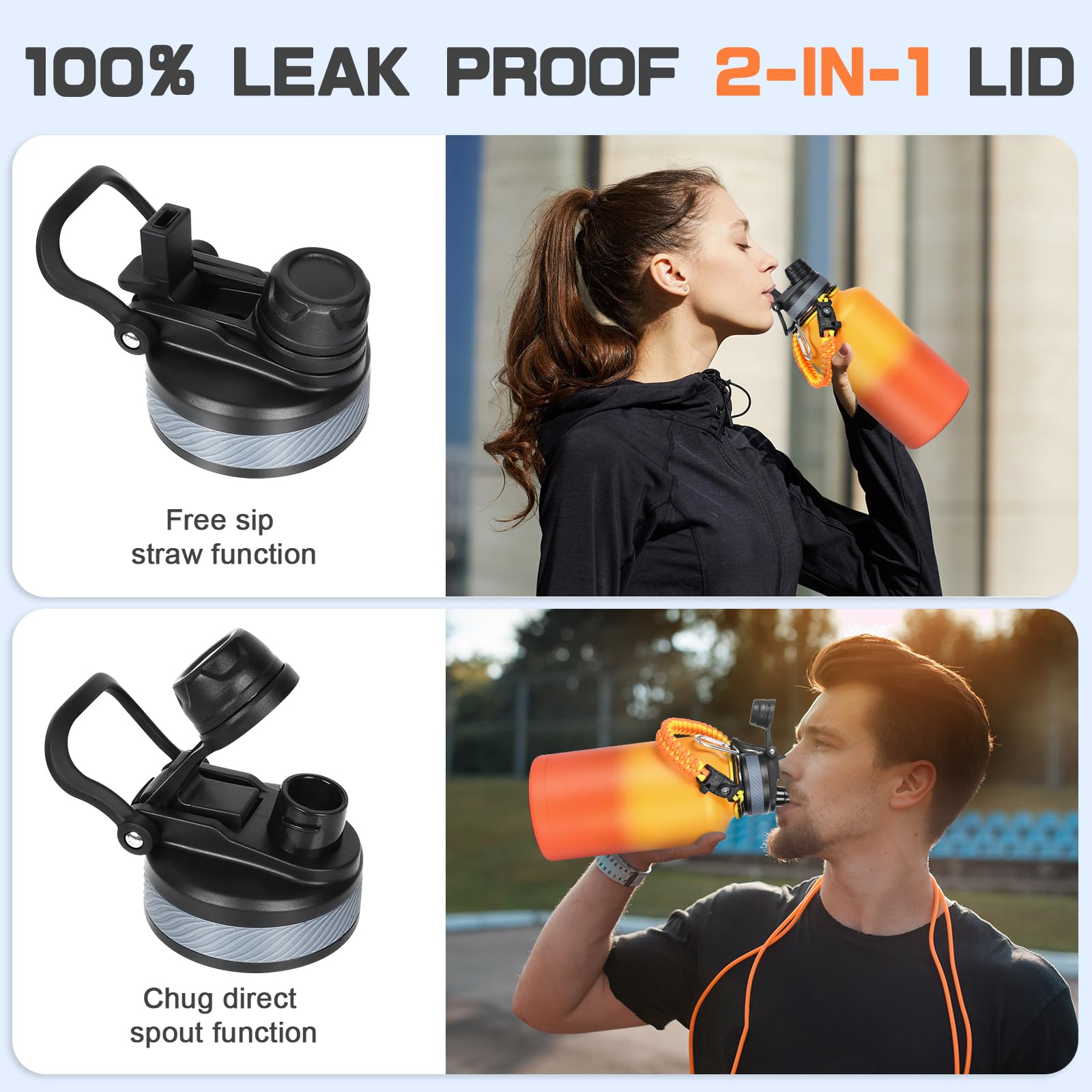 GAZLEMHO 40 oz Insulated Water Bottle with Straw& Spout 2-in-1 Lid, Triple Wall Vacuum Stainless Steel Cold 48H, Leak Proof Sports Metal Flask Jug with Paracord Handle, Black