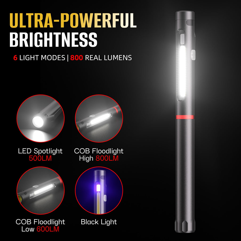 Rechargeable Pen Light, 800 Lumens LED Pen Flashlights 6 Modes COB Magnetic Flashlight with Clip Bright Pocket Flashlights Work Light Portable Waterproof Durable Penlight for Work Emergency