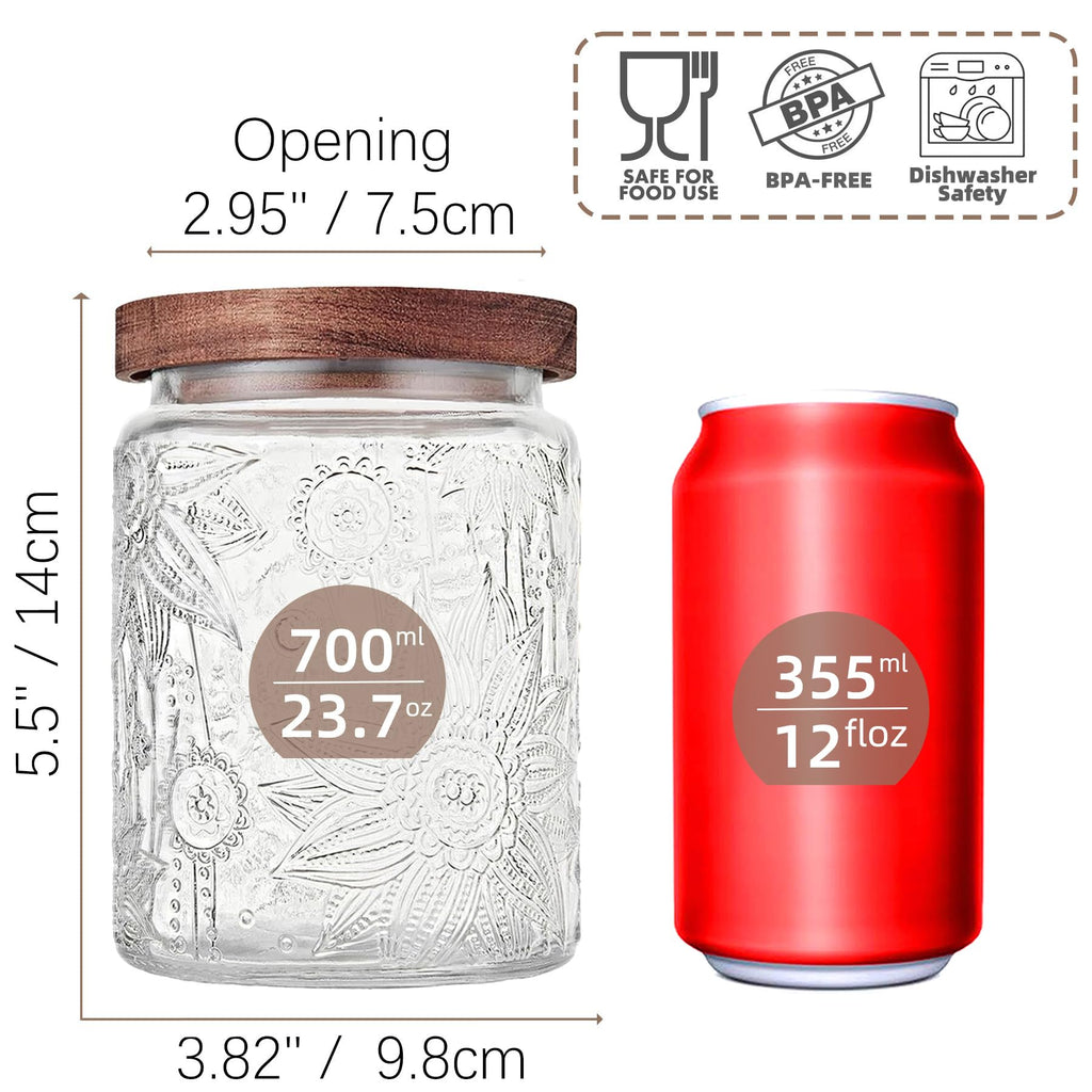 Custde Glass Storage Jars With Airtight Lid, 23.7oz Container For Kitchen Counter with Wooden Lid, brown sugar, candy, coffee, cookie, salt, tea, cute Jar (35oz Large Begonia Flowers)
