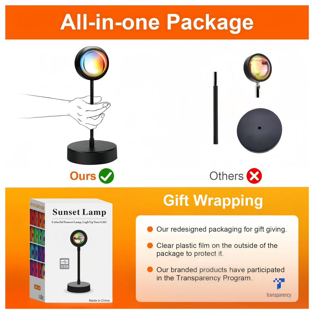 JIMEI Sunset Lamp Led Lights for Bedroom Aesthetic Room Decor Night Light Living Room Sun Sunlight Projector Christmas Decorations Gifts Party Orange