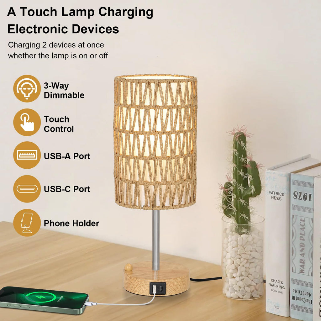 Rattan Bedside Table Lamps Set of 2 - Boho Lamps With 3 Color Temperatures & USB AC Port, Pull Chain Table Lamp For Bedroom, Cute Small Lamp For Nightstand Office Desk Bed Side End Table Living Room