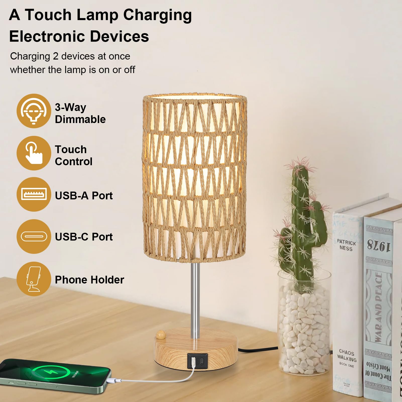 Rattan Bedside Table Lamps Set of 2 - Boho Lamps With 3 Color Temperatures & USB AC Port, Pull Chain Table Lamp For Bedroom, Cute Small Lamp For Nightstand Office Desk Bed Side End Table Living Room