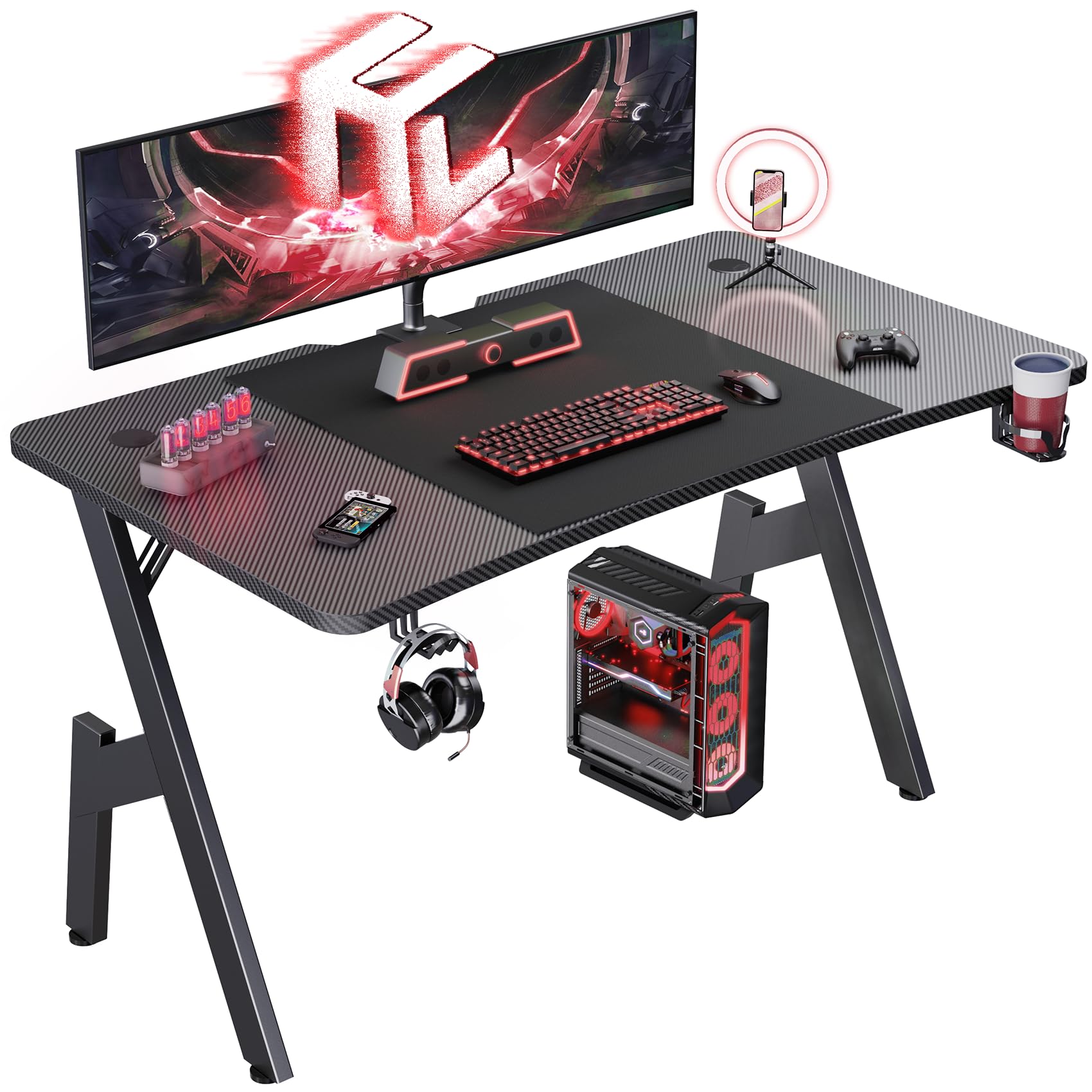 HLDIRECT 40 Inch Gaming Desk, Small Computer Gaming Desk Table with Cable Management, Ergonomic A Shape Modern Carbon Fiber Gamer Table Pc Workstation Home Office Desks for Small Space, Black