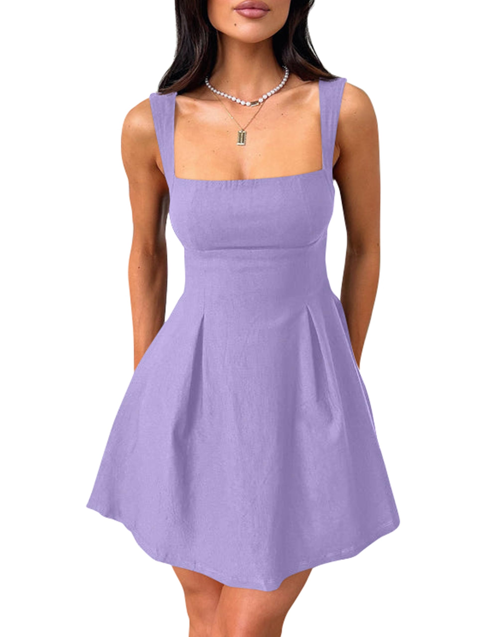 YMDUCH Women's Sexy Sleeveless Square Neck Adjustable Straps Bow Tie A-line Mini Party Club Dress