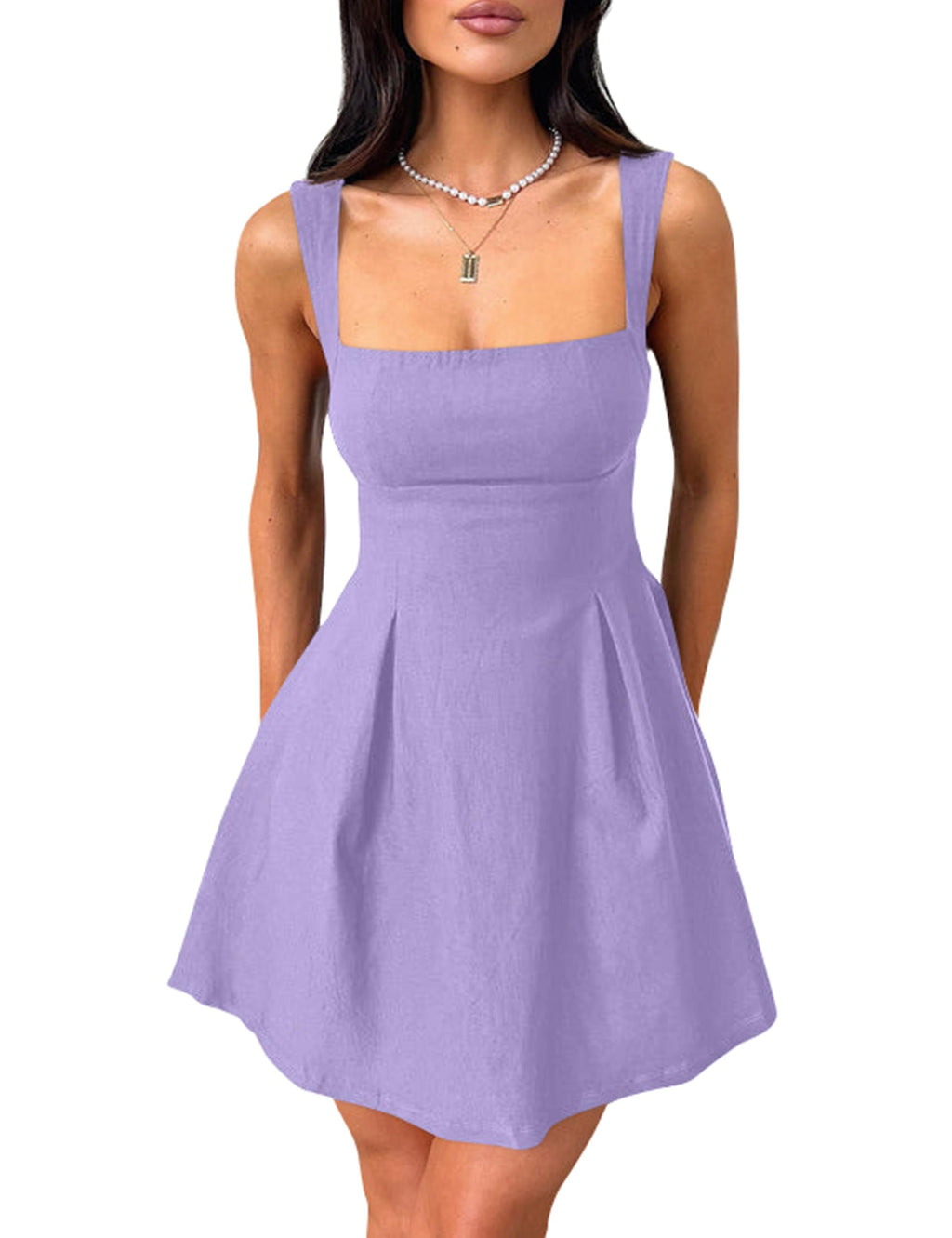 YMDUCH Women's Sexy Sleeveless Square Neck Adjustable Straps Bow Tie A-line Mini Party Club Dress