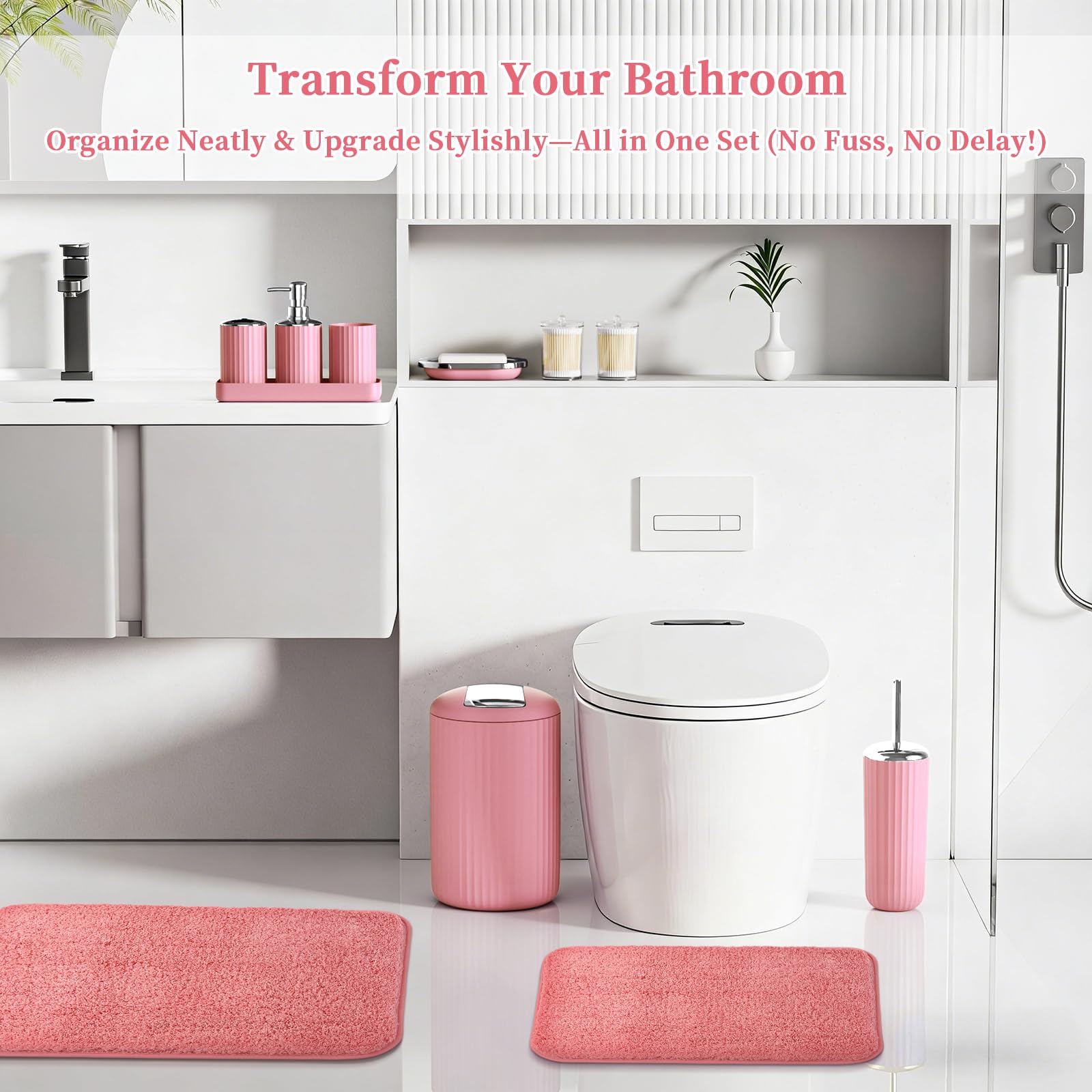 XLHOMO 24 PCS Black Bathroom Accessories Set with Shower Curtain and Rugs, Bathroom Decor Set with Trash Can, Toilet Brush, Soap Dispenser, Toothbrush Holder, Tumbler, Soap Dish and Jars