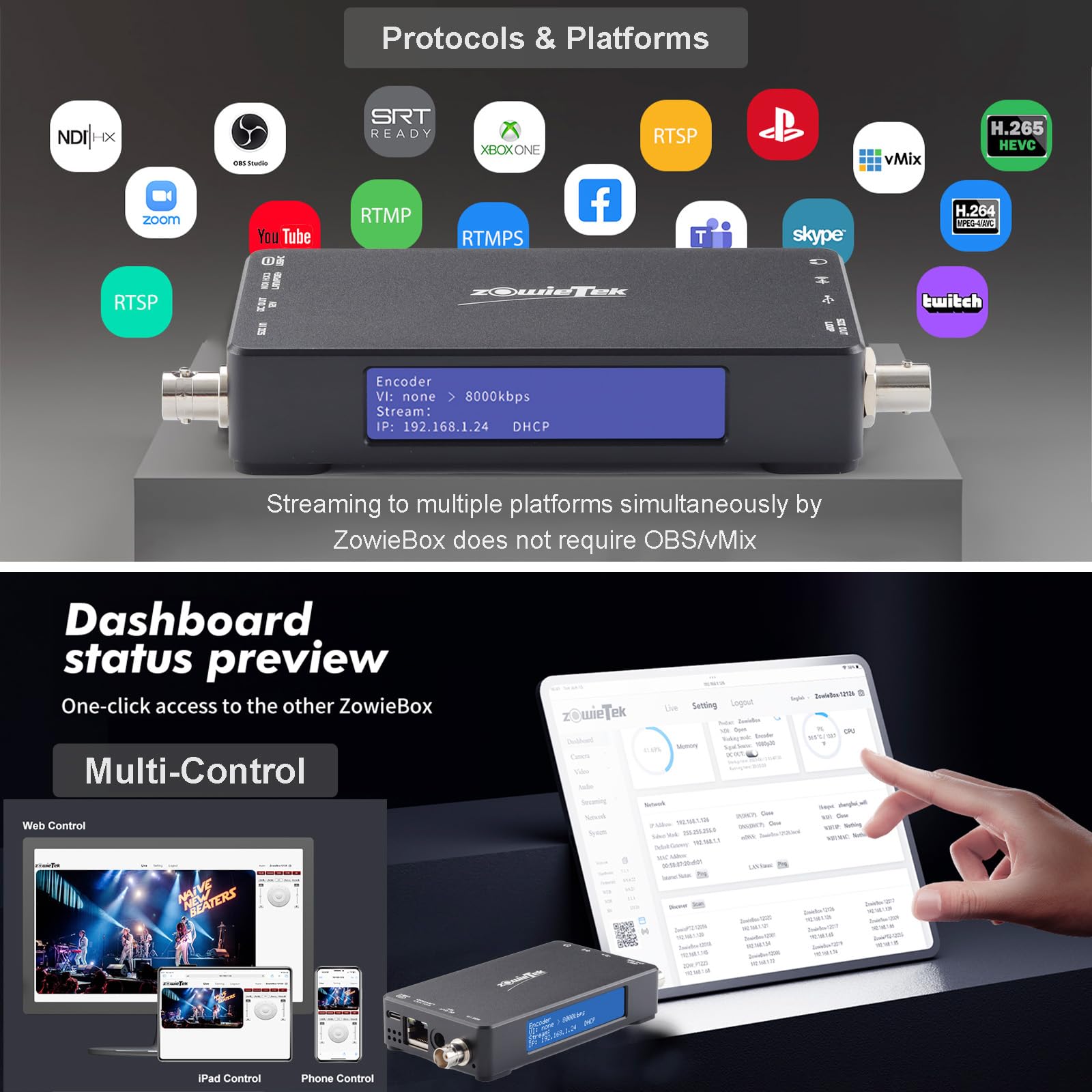 4K HDMI Video Encoder/Decoder, ZowieBox, Native NDI HX3 (Certified) Converter/Player, UVC to HDMI, Pass-Through Video Capture, SRT/RTMP(S)/RTSP, Live Streaming to YouTube