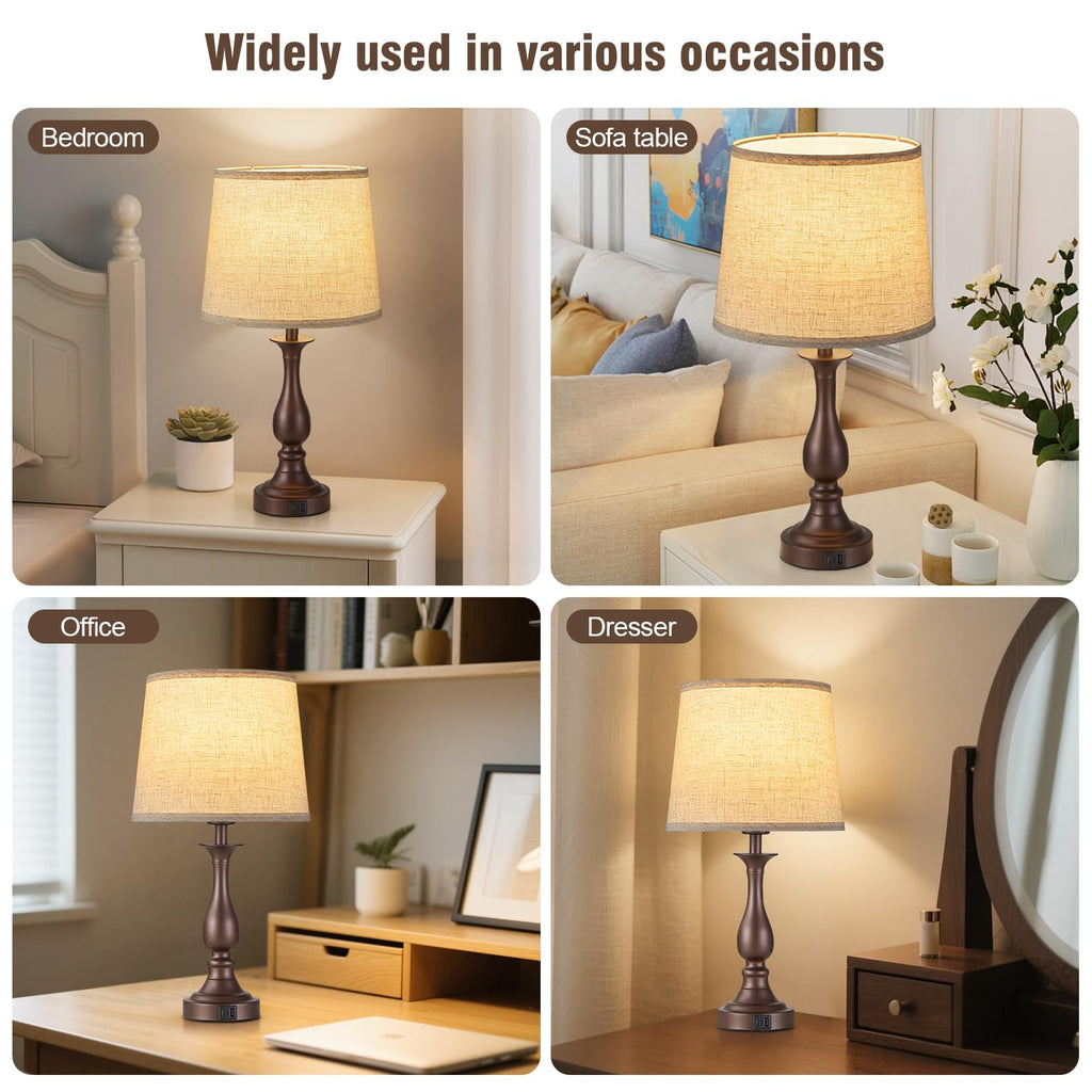 Bedside Table Lamp Touch Control Bedroom Lamps with USB A and C Charging Port 3 Way Dimmable Touch Lamps for Nightstand Living Room Bedroom Dorm Home Office Reading, Set of 2
