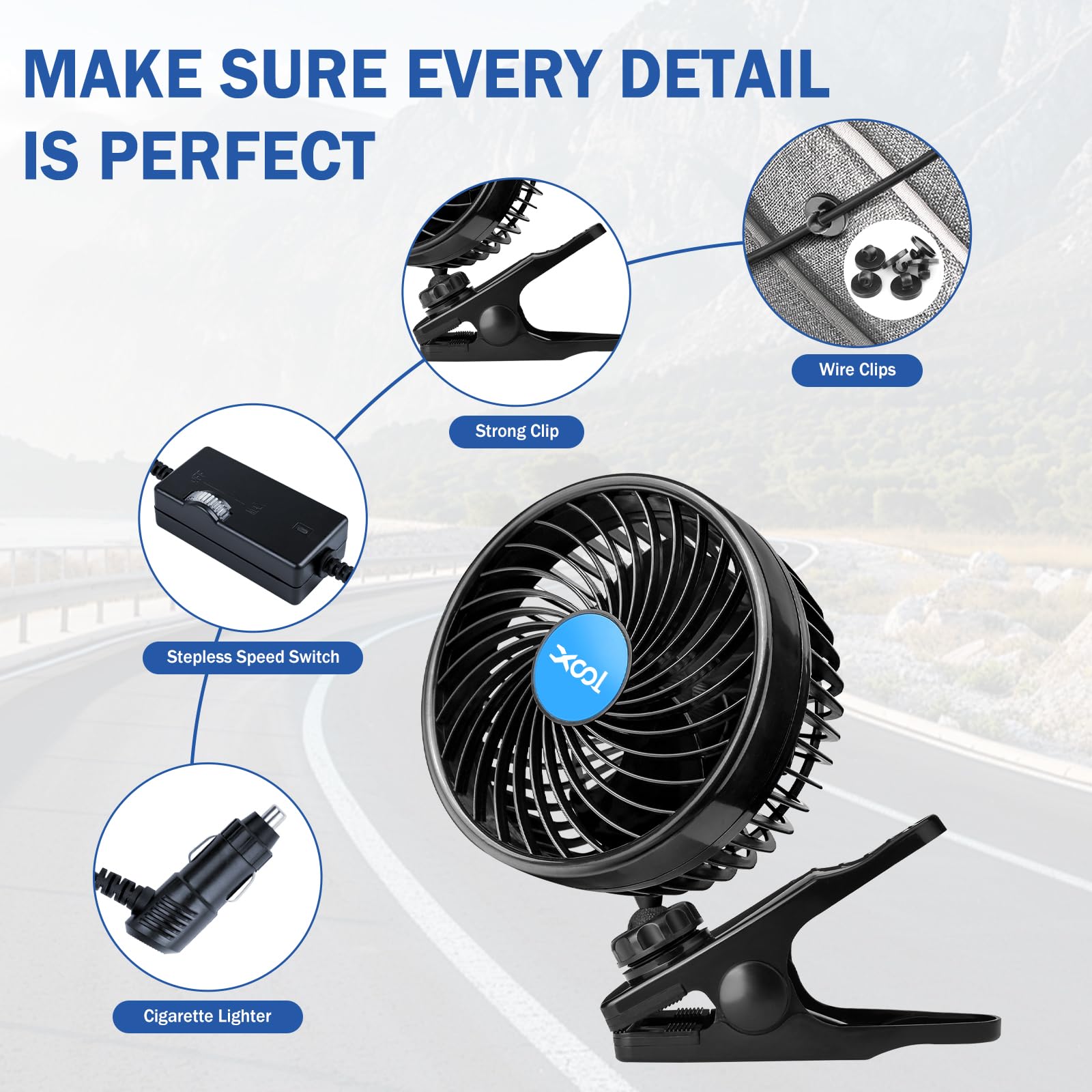 XOOL Clip Car Fan, 9 Inches 12V/24V Fan, 360° Rotatable Electric Cooling Clip on Fan with Stepless Speed Regulation for SUV, RV, Truck