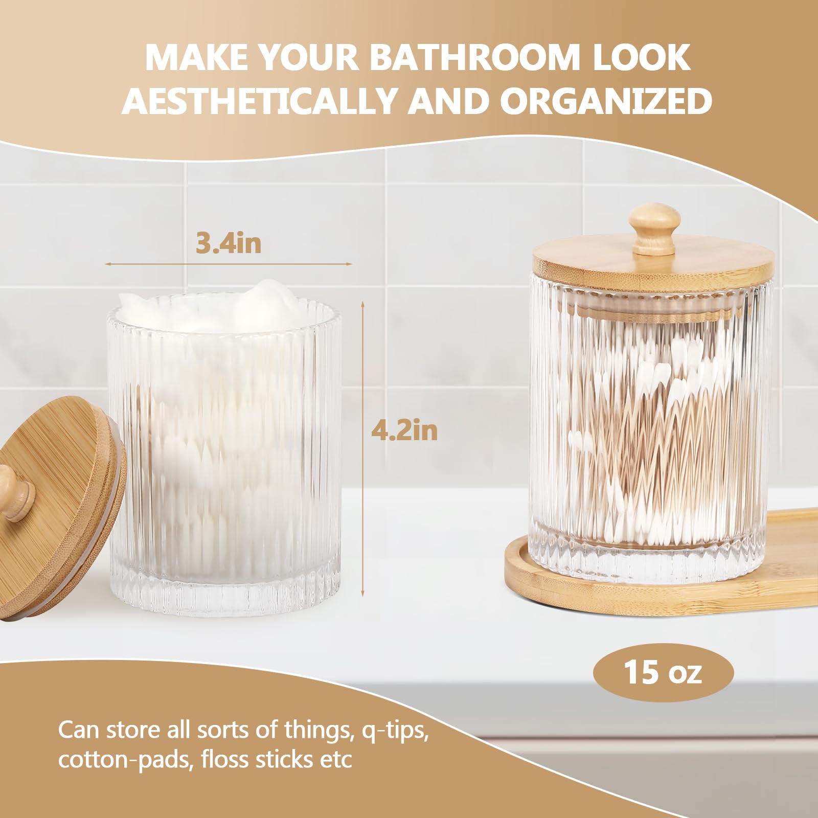 eggs sound 3 Pack Qtip Holder - Bathroom Organizers and Storage, Cotton Round Holder Floss Pick Cotton Ball Holder Swab Dispenser Set with Tray, Glass Apothecary Jars with Lids, -sw clear y