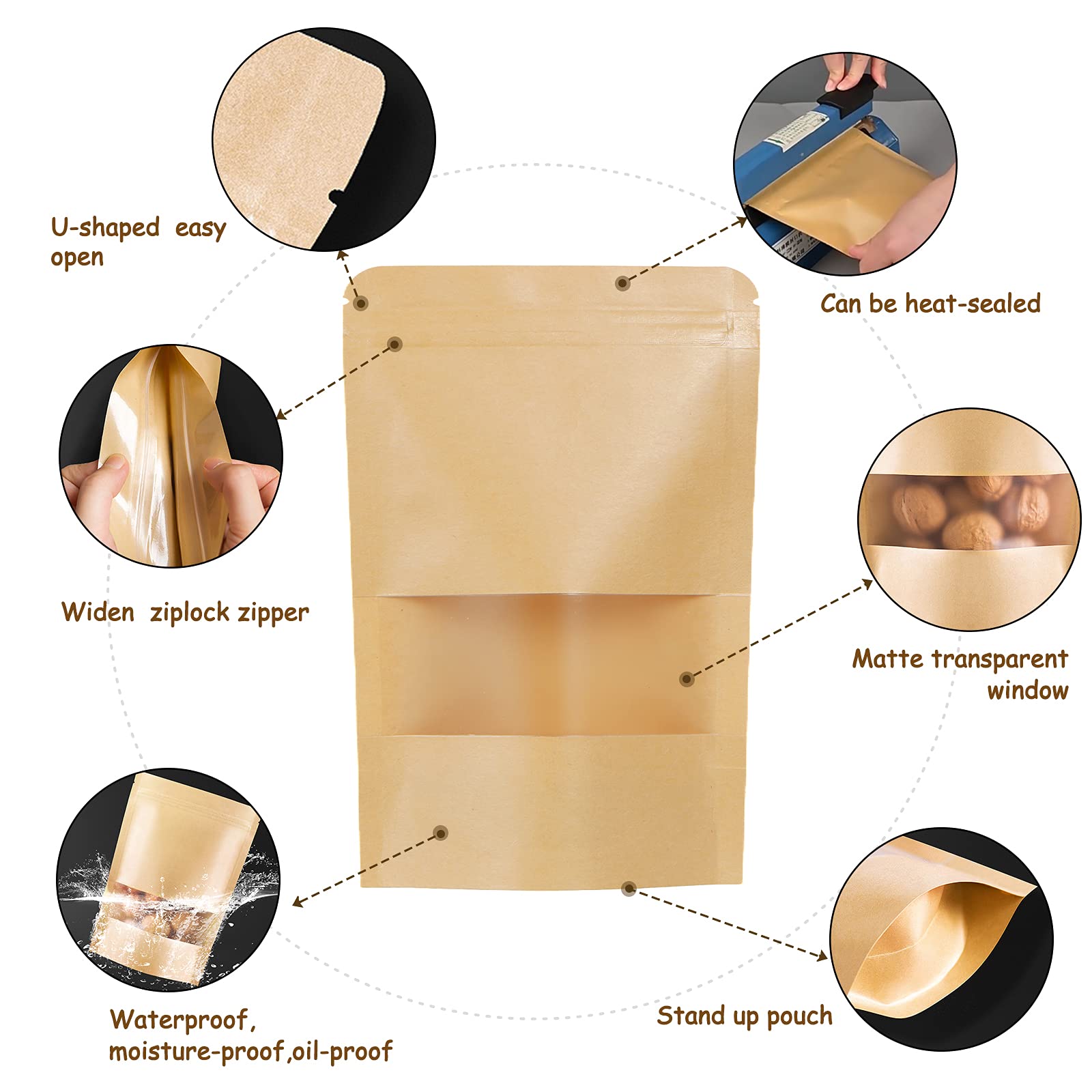 50pcs Kraft Bags with Window 3.5x5.5 Inches Brown Reusable Sealable Zip Lock Food Storage Stand up Paper Pouches for Home or Business