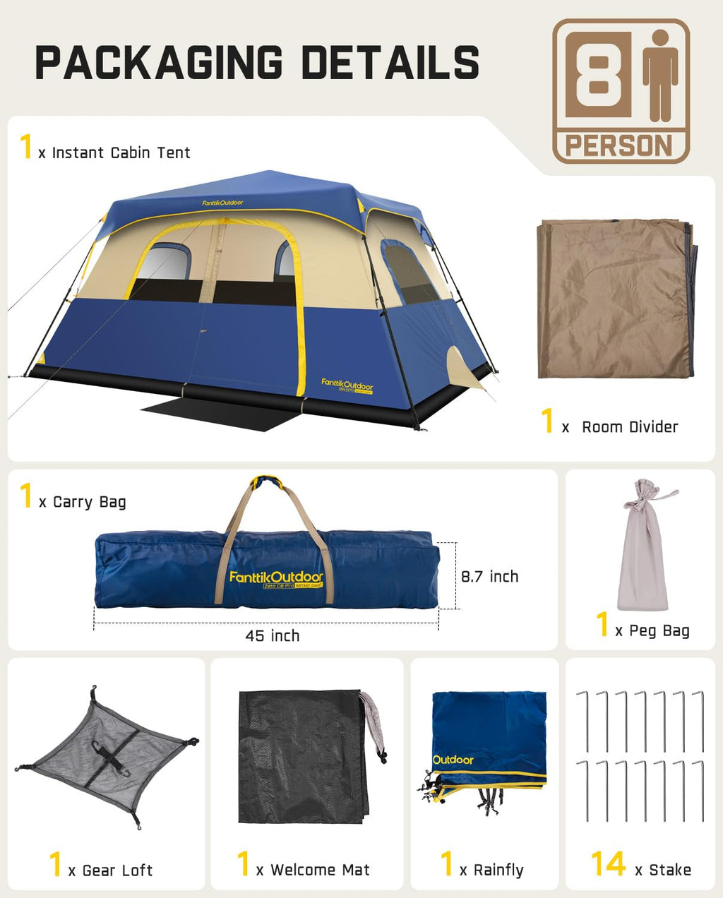 FanttikOutdoor Camping Tent 4/6/8/10 Person Instant Cabin Tent Setup in 60 Seconds with Rainfly & Windproof Portable with Carry Bag for Family Camping & Hiking, Upgraded Ventilation, Navy Blue
