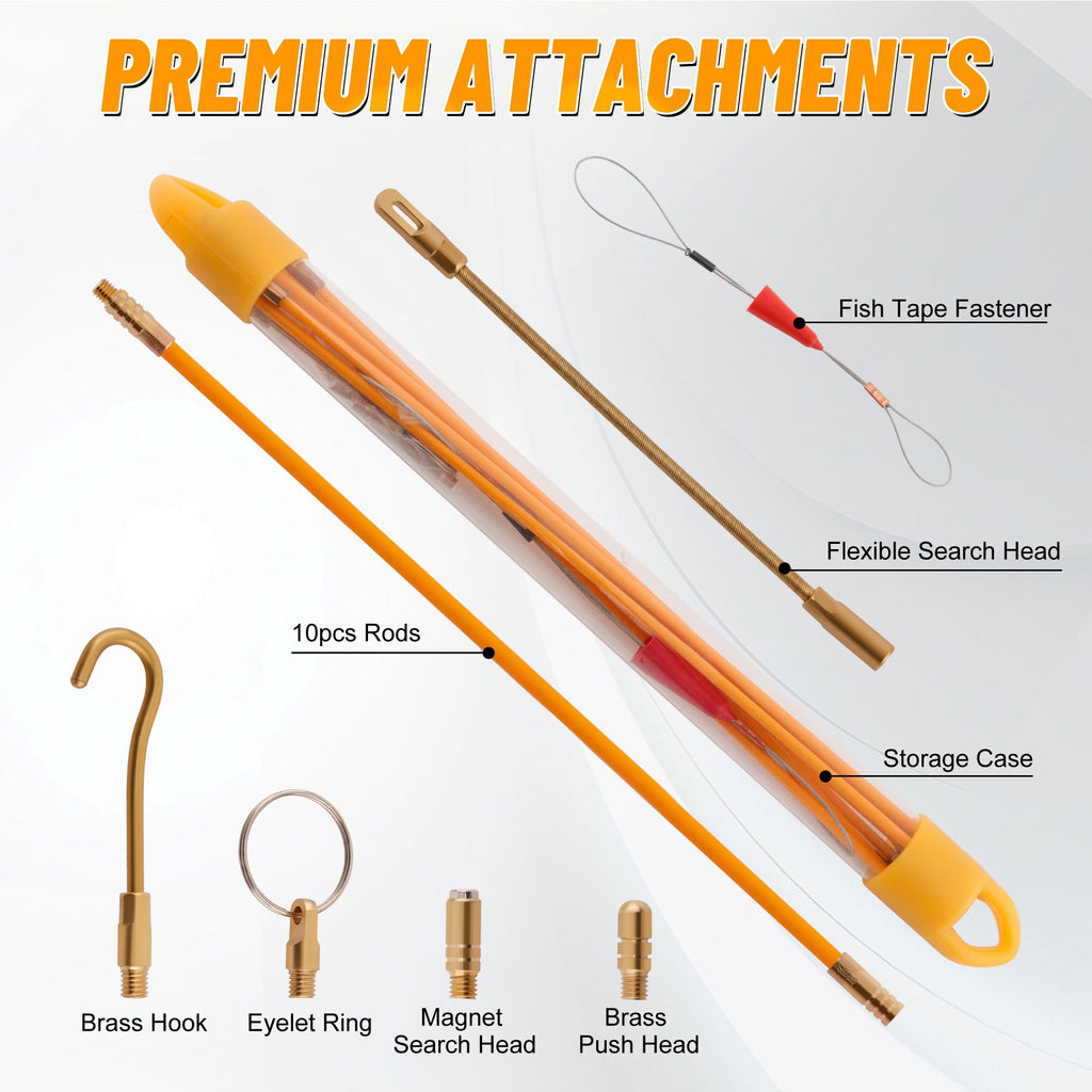 KOOTANS 11FT Fiberglass Running Electrical Wire Cable Glow Rods Wire Pulling Tools Fish Tape Cable Puller Through Wall Snake Fish Rods Kit with Different Attachments