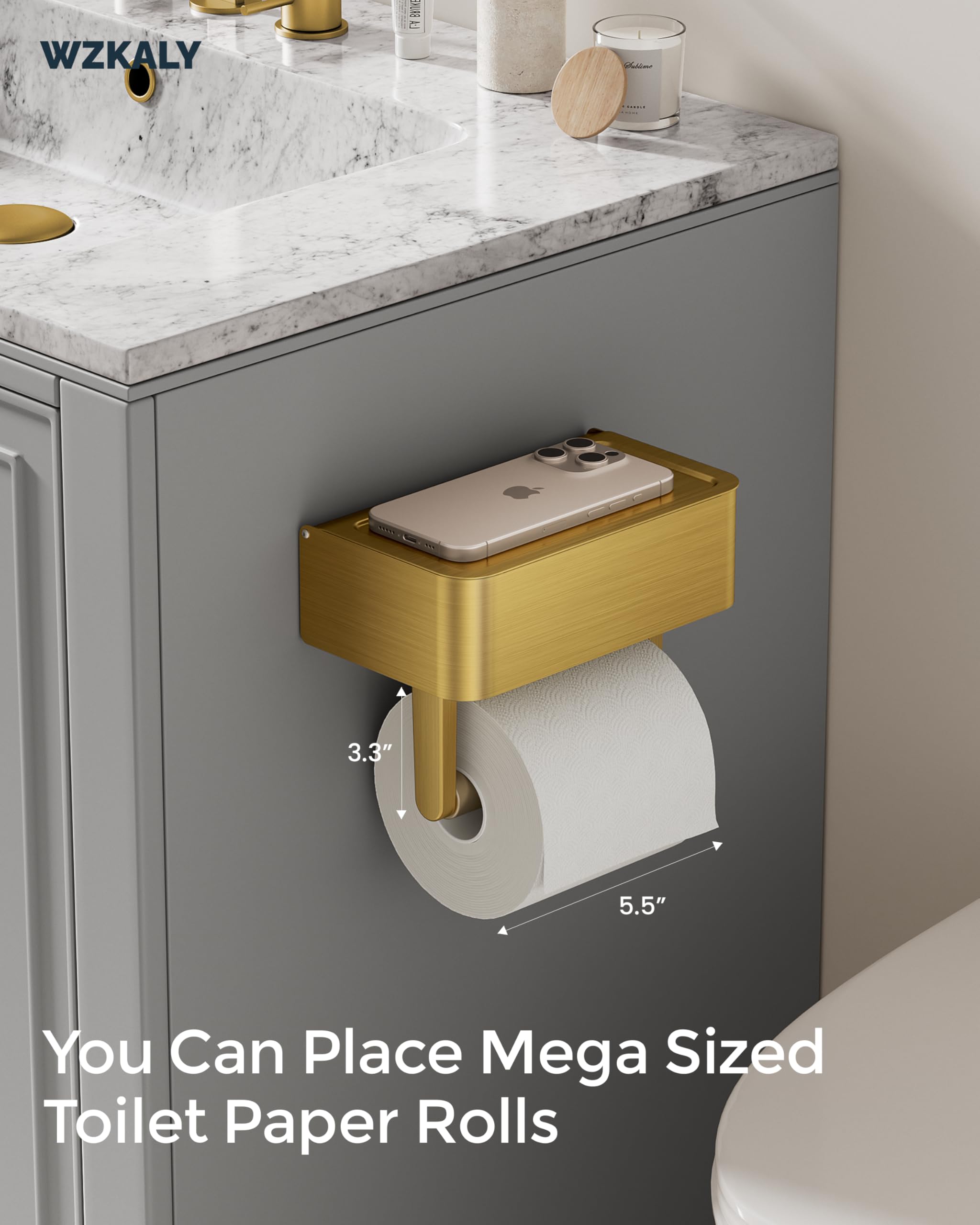 Toilet Paper Holder with Shelf, Wipes Holder for Bathroom, Flushable Wipes Dispenser, Stainless Steel Toilet Paper Roll Holder with Storage for Wet Wipes Wall Mounted (Gold, Regular Roll)