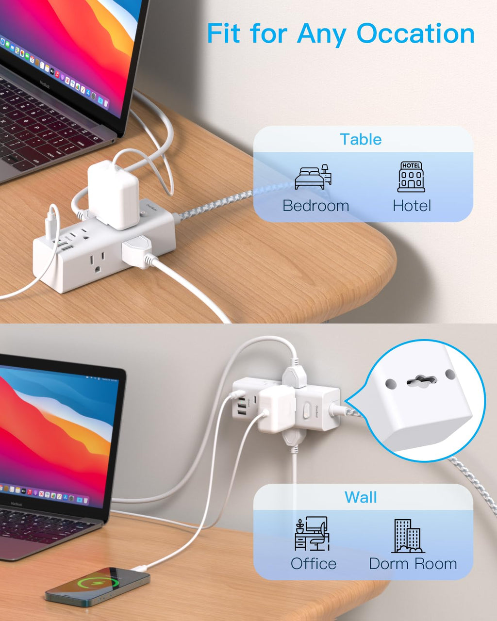 One Beat Short Extension Cord 1Ft, Flat Plug Power Strip Surge Protector - 6 Widely Outlets with 4 USB Ports (2 USB C), Wall Mount Small Power Strip for Travel, Home Office College Dorm Essentials