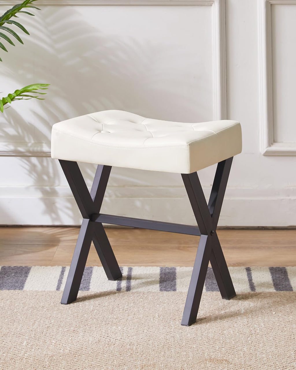 IBUYKE U-Shaped PU Vanity Stool, Square Makeup Chair with X-Leg, Ottoman Seat Footrest Stool, Multi-Use as Small Side Table, for Bedroom, Living Room, Black WBD019B