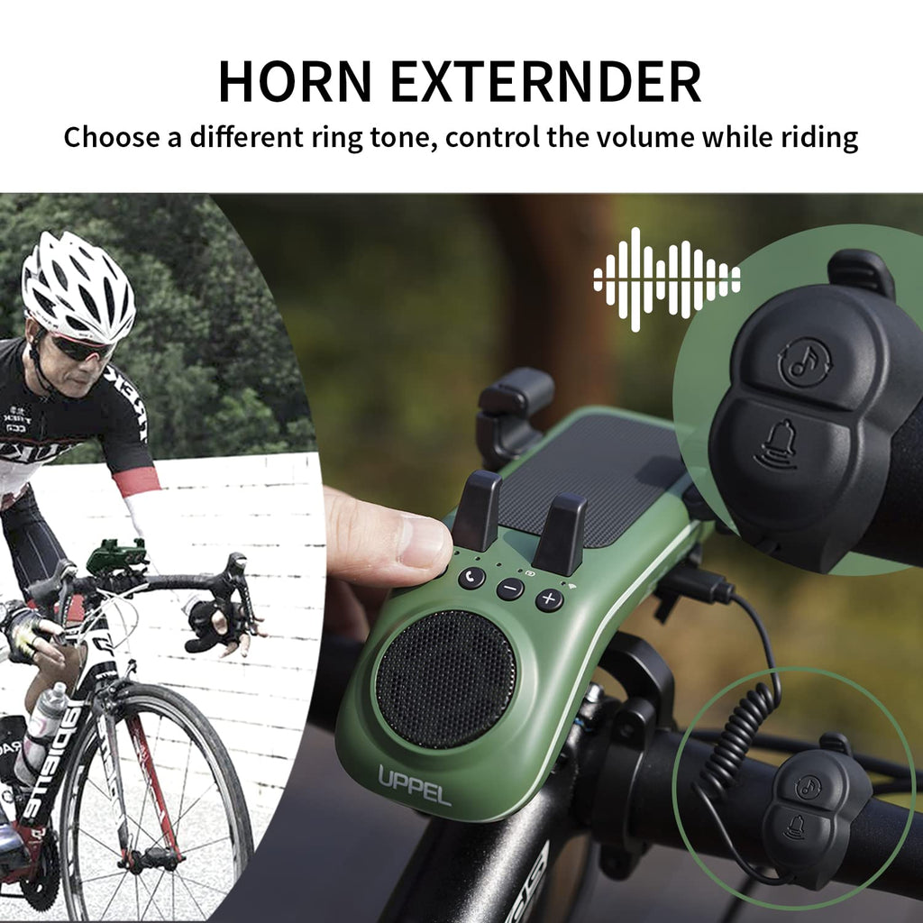 UPPEL Bluetooth Speaker Bicycle, Multifunctional Bike Phone Holder 10-in-1- LED Light - Bike Horn - Microphone - Ideal for Road & Mountain Bike (Black)