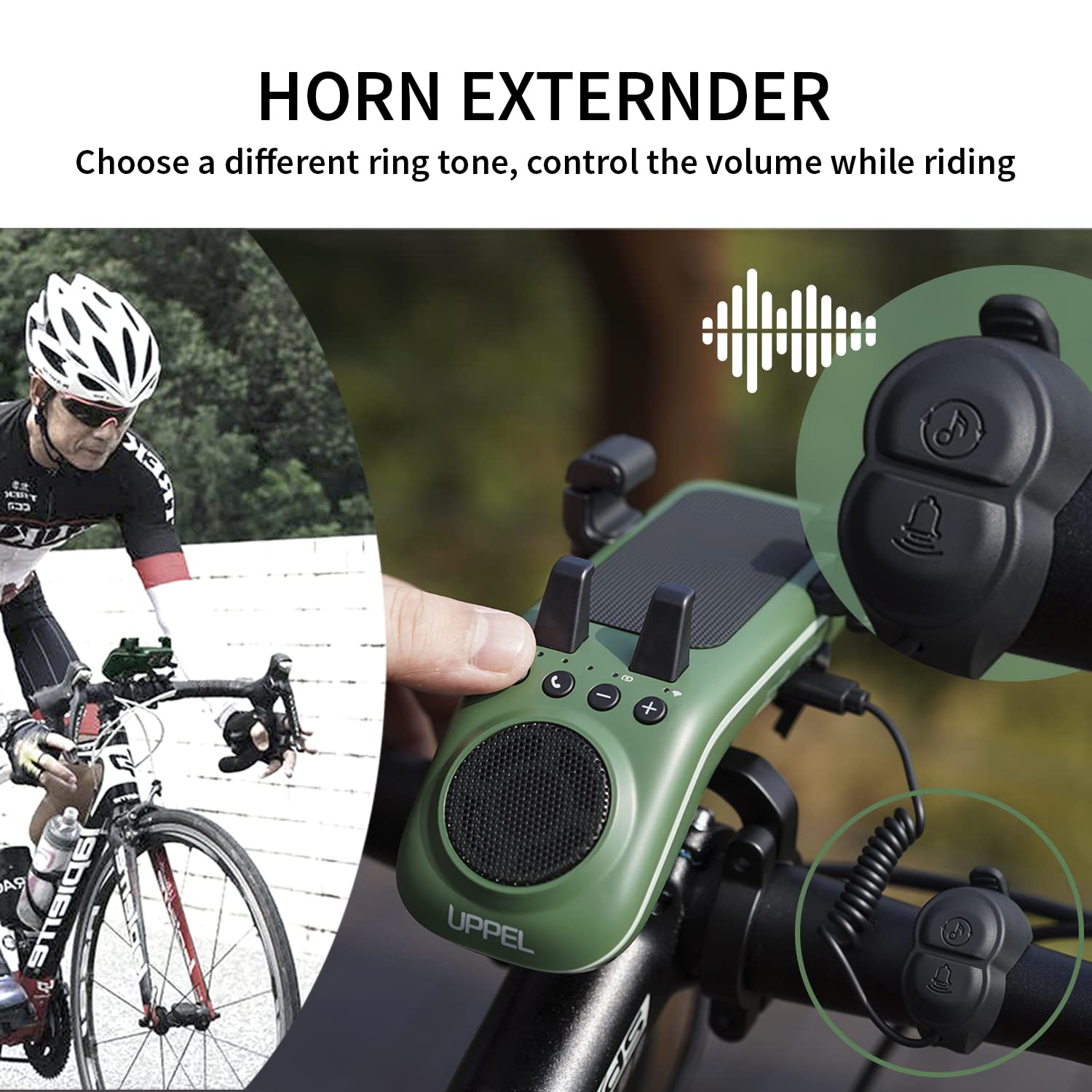 UPPEL Bluetooth Speaker Bicycle, Multifunctional Bike Phone Holder 10-in-1- LED Light - Bike Horn - Microphone - Ideal for Road & Mountain Bike (Black)