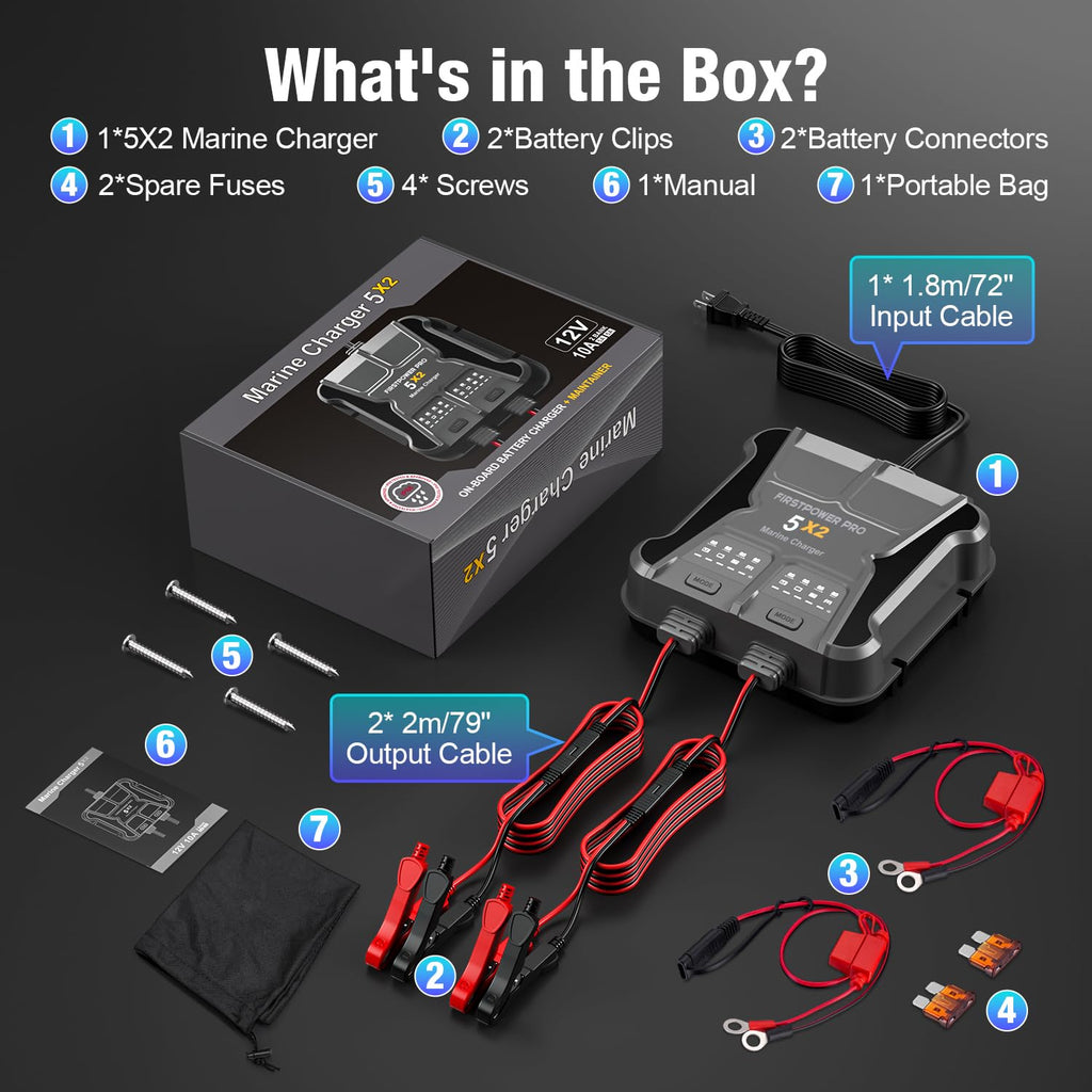 Marine Battery Charger 5X1: 1-Bank, 5A Onboard Battery Charger - 5A Per Bank, 12V Waterproof Boat Batter Charger for SLA/AGM, Lithium, Calcium - Charged 24/7