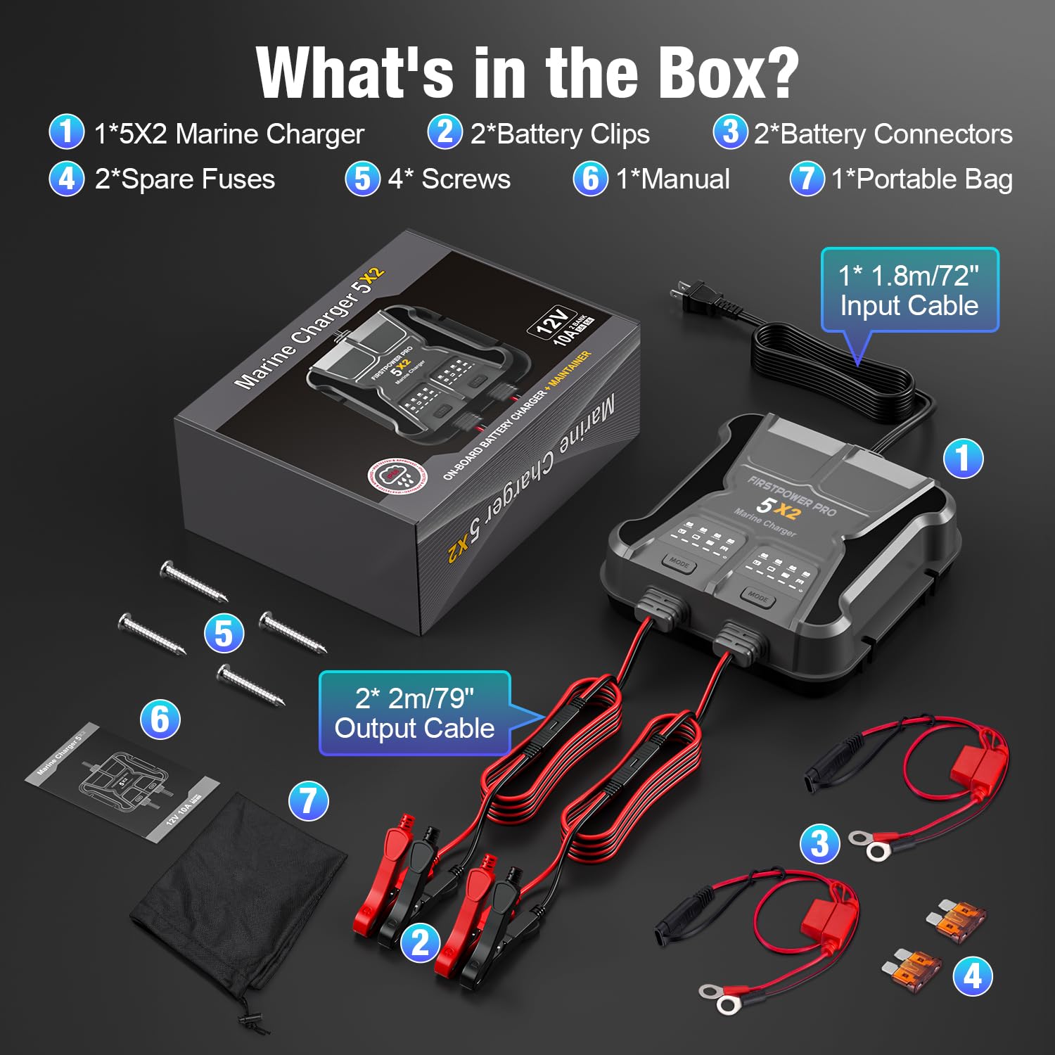 Marine Battery Charger 5X1: 1-Bank, 5A Onboard Battery Charger - 5A Per Bank, 12V Waterproof Boat Batter Charger for SLA/AGM, Lithium, Calcium - Charged 24/7