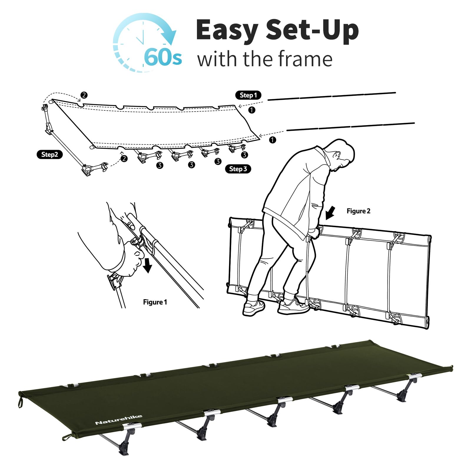Naturehike Ultralight Camping Cot, Easy to Assemble Folding Tent Cot, Compact & Protable Camping Bed for Camping, Mountaineering, & Hiking, Supports 330lbs with Carry Bag, Kahki