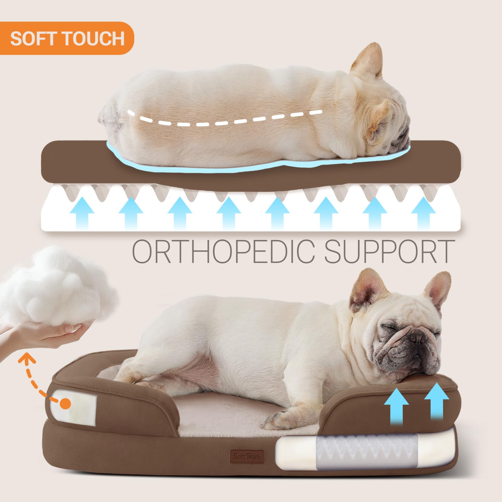 Soft Touch Orthopedic Dog Bed for Large Dogs with Faux Fur Top, Waterproof Pet Couch Bed with Removable Washable Cover and Supportive Foam Filling (Grey, Large)
