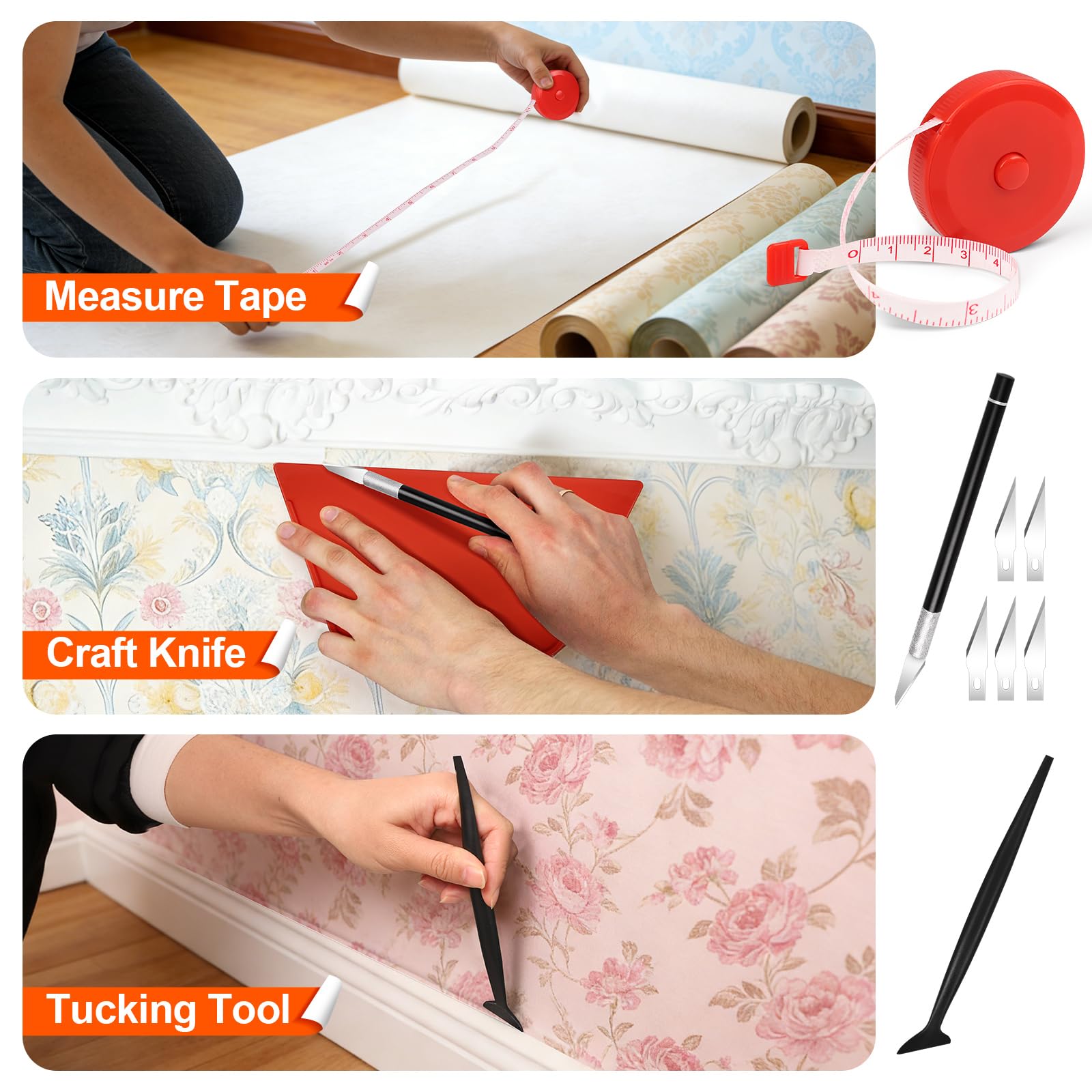 WRAPXPERT Wallpaper Tools, Smoothing Tool Kit for Peel and Stick Wallpaper/Contact Paper/Vinyl Backsplash Applying, with Squeegee Smoother, Seam Roller, Razor Scraper, Knife and Blades