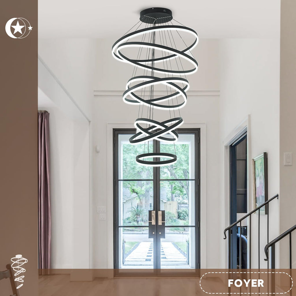 5-Rings Modern LED Chandelier Black Dimmable High Ceiling Chandelier for Dining Room with Remote Control for Foyer Living Room Entryway Staircase(D23.6’’, 3000K-6500K)