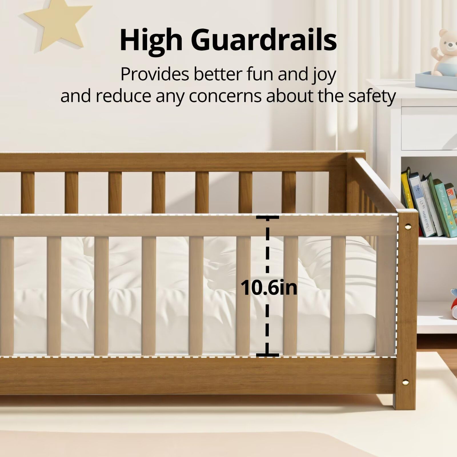 i-POOK Queen Floor Bed for Children, Sturdy Wood Montessori Bed Frame with Wood Slats, High Fence & Small Door for Girls and Boys, Espresso (with Bed Slats)
