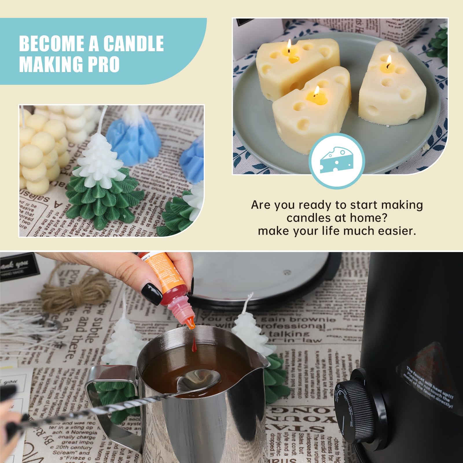 TOAUTO Wax Melter for Candle Making Large Wax Melting Furnace with Quick Pour Spout & Temp Control,10Lbs Capacity for Candle Business Fast Easy Clean（Stirring Spoon+ Cotton Wick）