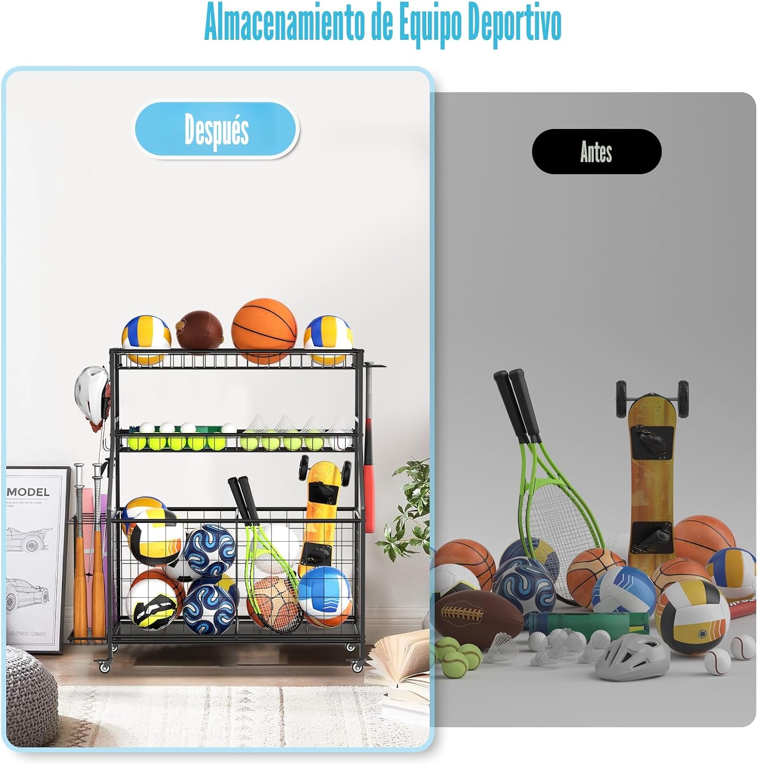Organizador de garaje para equipos deportivos, estante de almacenamiento de bolas de garaje resistente con canasta, ganchos y carrito rodante para equipo deportivo y almacenamiento de juguetes, uso en