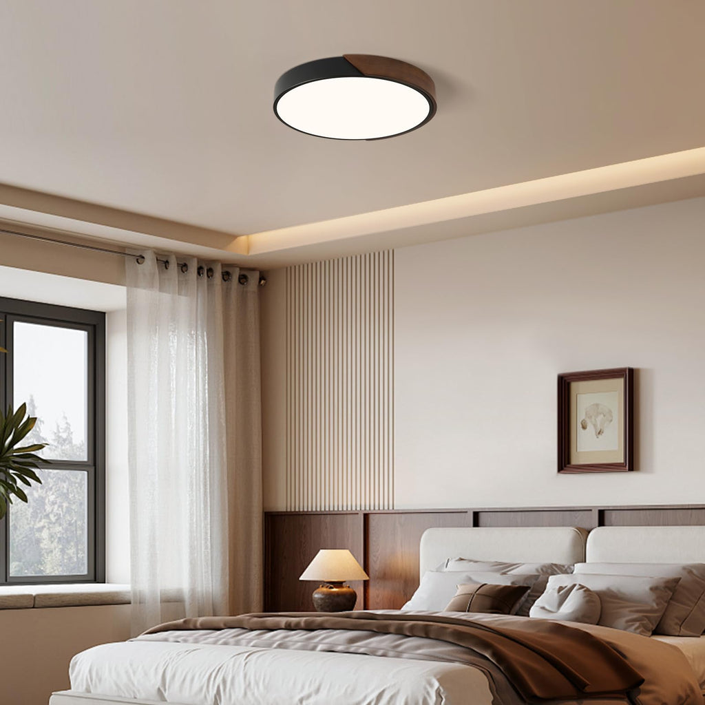 Modern LED Ceiling Light, Minimalist Wood Dimmable Flush Mount Ceiling Light Fixture, Round 5CCT Lighting Lamp with Acrylic Lampshade for Bedroom Hallway Kitchen Laundry, Black 11.8"
