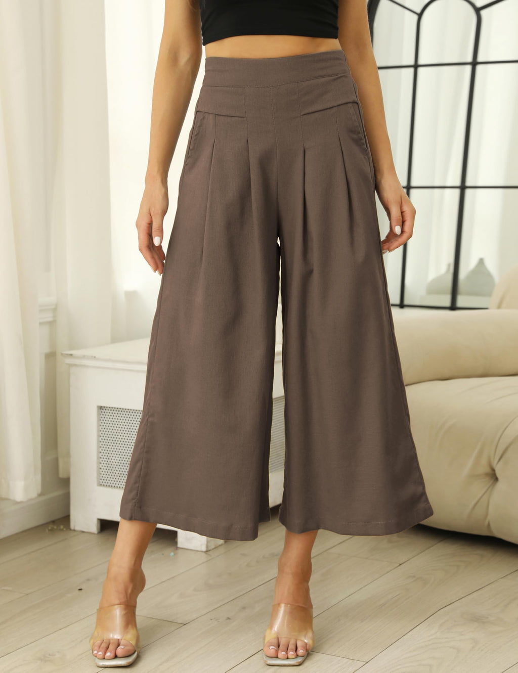 Bianstore Women's Culottes Linen Cropped Wide Leg Pants Elastic Waist Casual Palazzo Trousers with Pockets