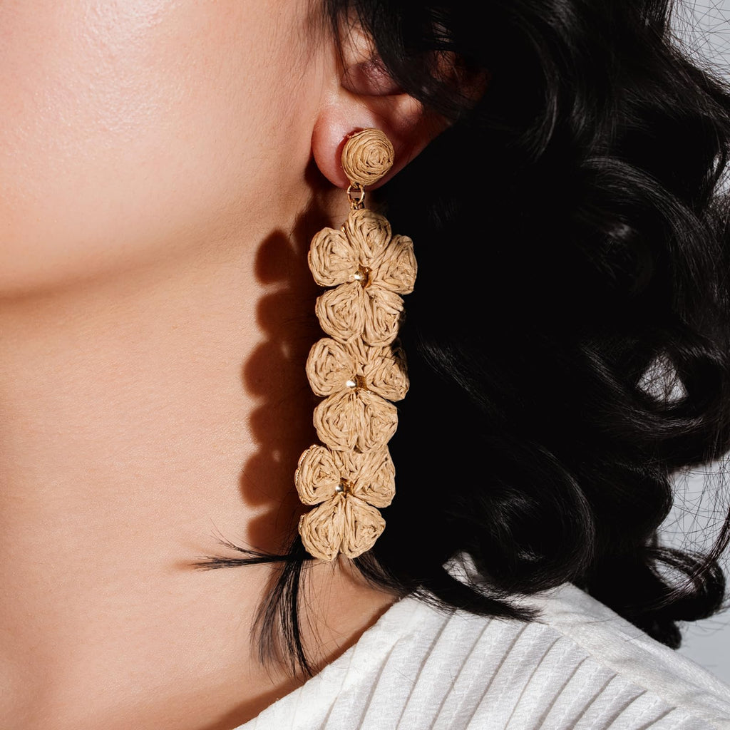 Boho Flower Earrings Statement Raffia Dangle Earrings Cute Floral Jewelry Trendy Summer Beach Vacation Outfits for Women