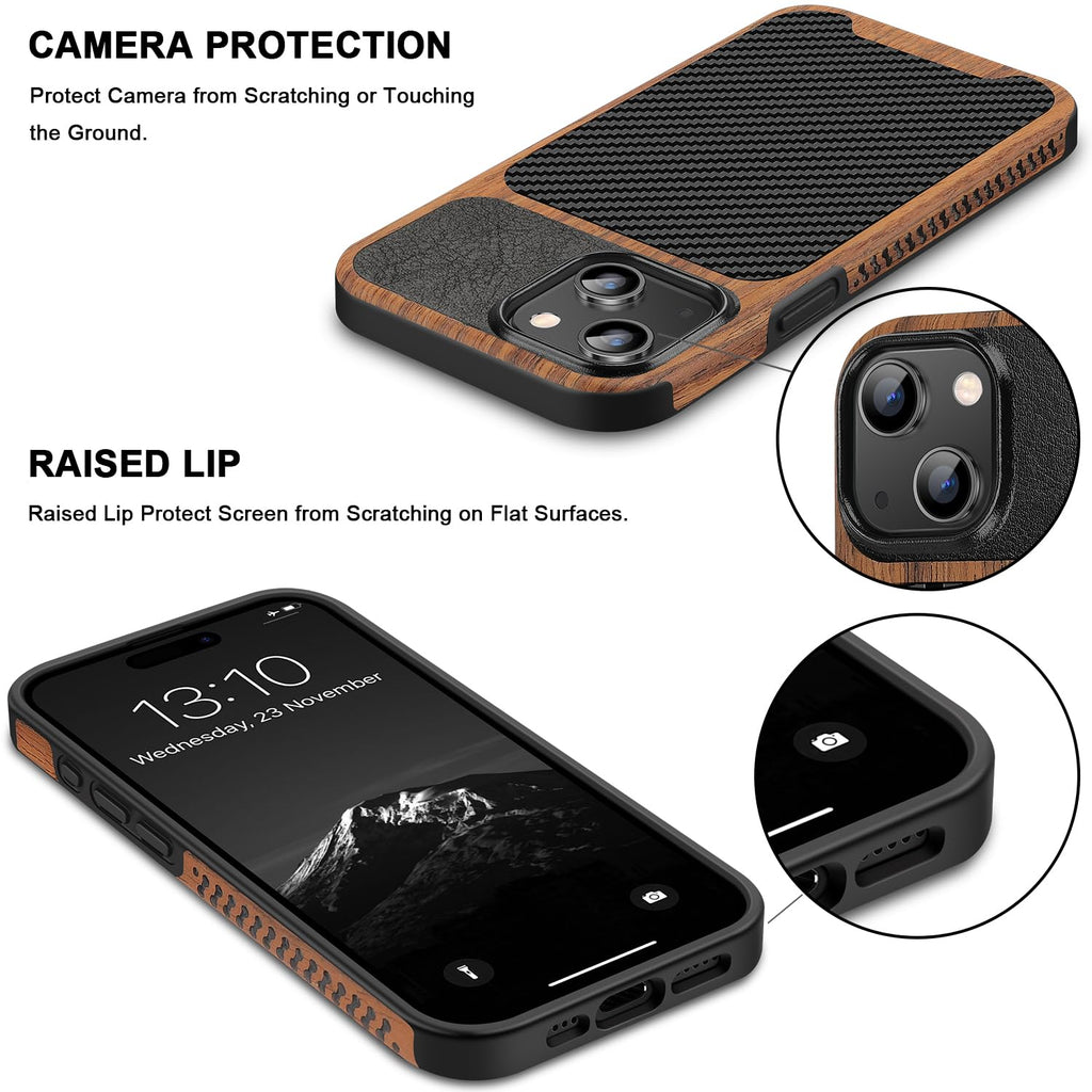 TENDLIN Compatible with iPhone 15 Case Wood Grain with Carbon Fiber Texture Design Leather Hybrid Slim Case (Black)