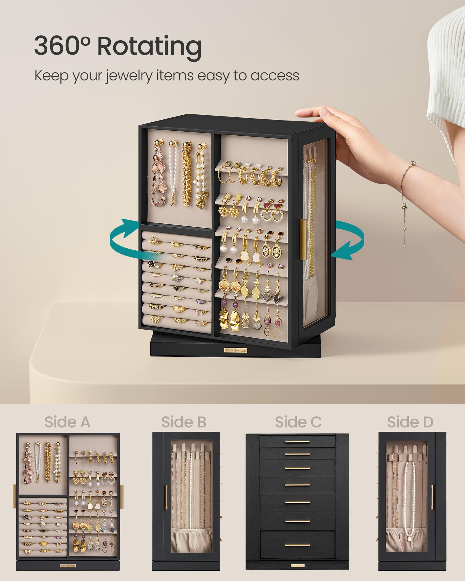 SONGMICS GISELLA Collection - Jewelry Box Organizer 360° Rotating, Vertical Jewelry Storage Case with 5 Drawers, Glass Window, Spacious, Open Design, Great Gift, Cloud White UJBC170W01