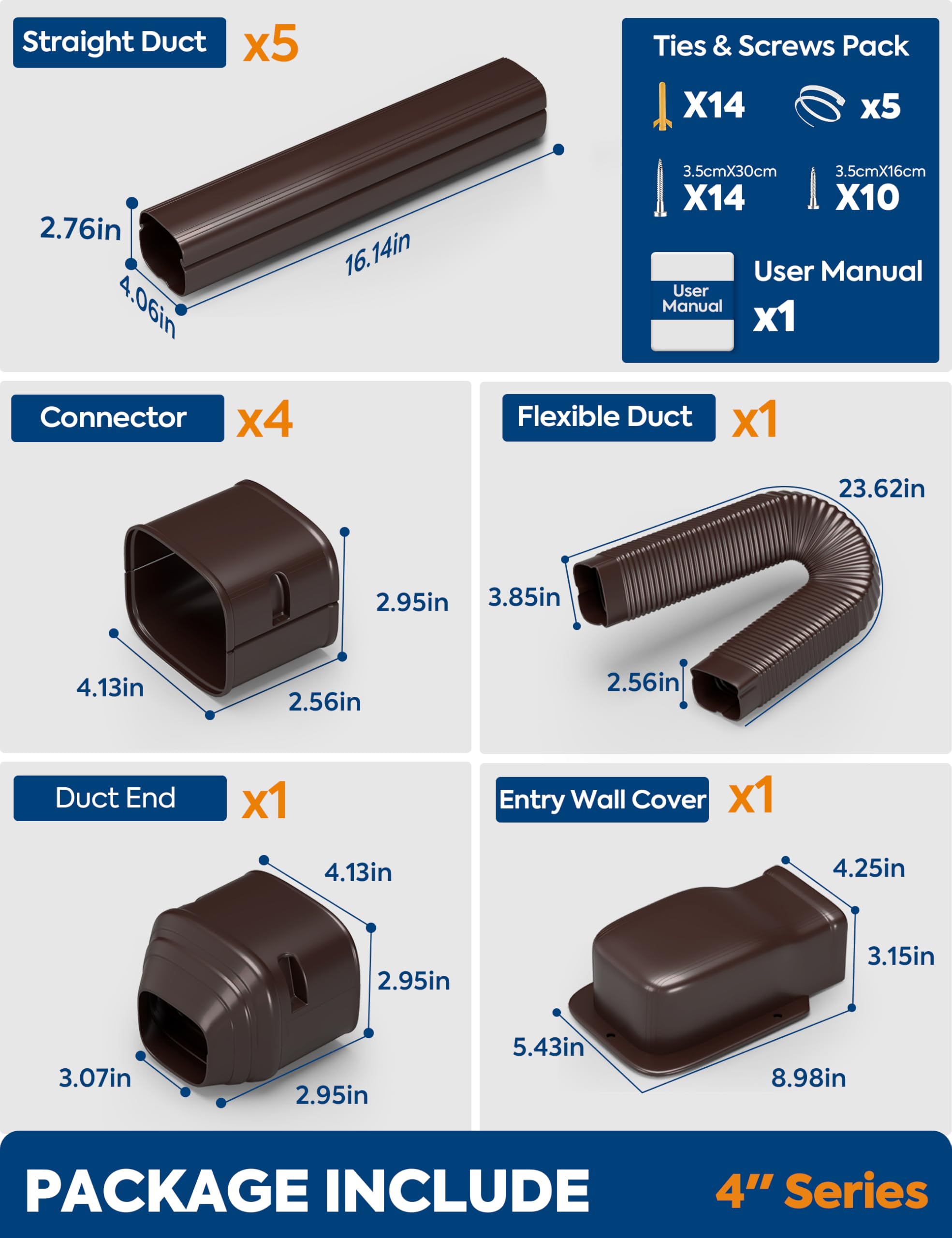 3'' x 9Ft Mini Split Line Set Cover with Flexible Duct, Upgrade PP Decorative Minisplit Lineset Cover Kit, Line Hide for Mini Split, Air Conditioner, Central AC, HVAC and Heat Pumps, Brown