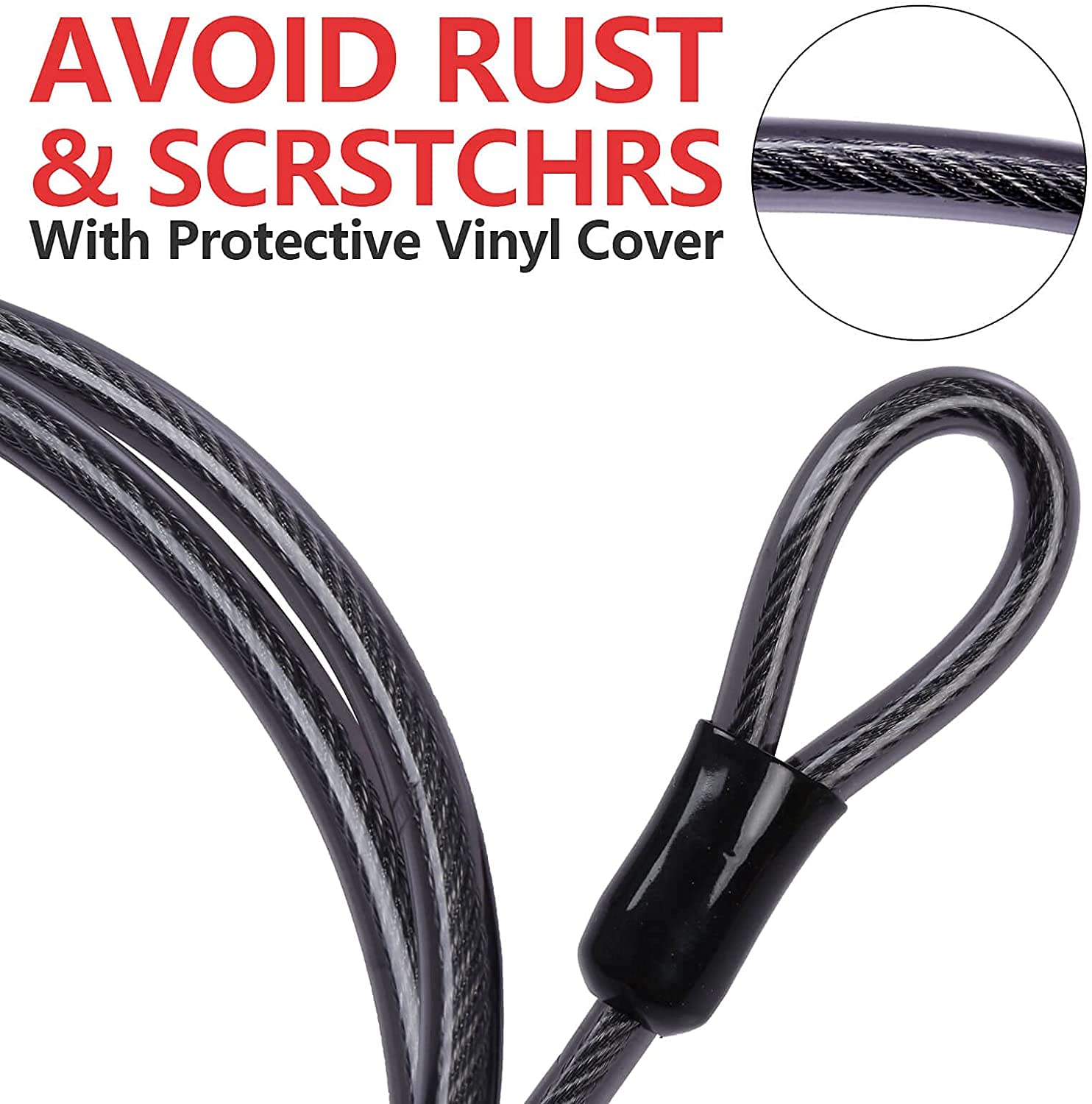 DELSWIN Security Steel Cable with Loops - 12mm (1/2 inch) Thick 4FT Heavy Duty Bike Lock Cable Vinyl Coated Braided Cables for U-Lock and Padlock