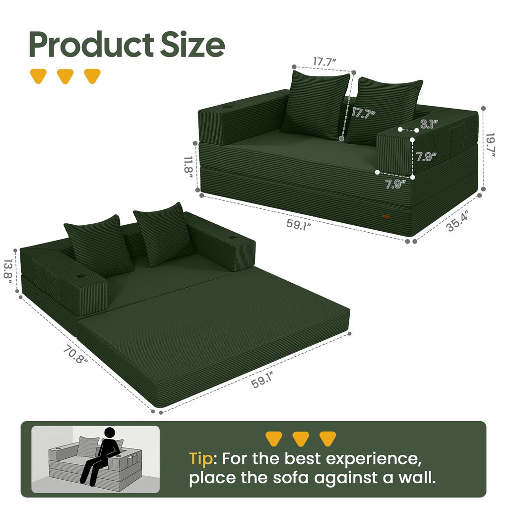 COMAX Futon Sofa Bed, 4‑in‑1 Convertible Sofa Bed, Folding Boneless Couches | Boneless Couch for living room, Fold Out Small Foldable Loveseat Floor Sleeper Mattress Lounge Space‑Saving, Ash Gray