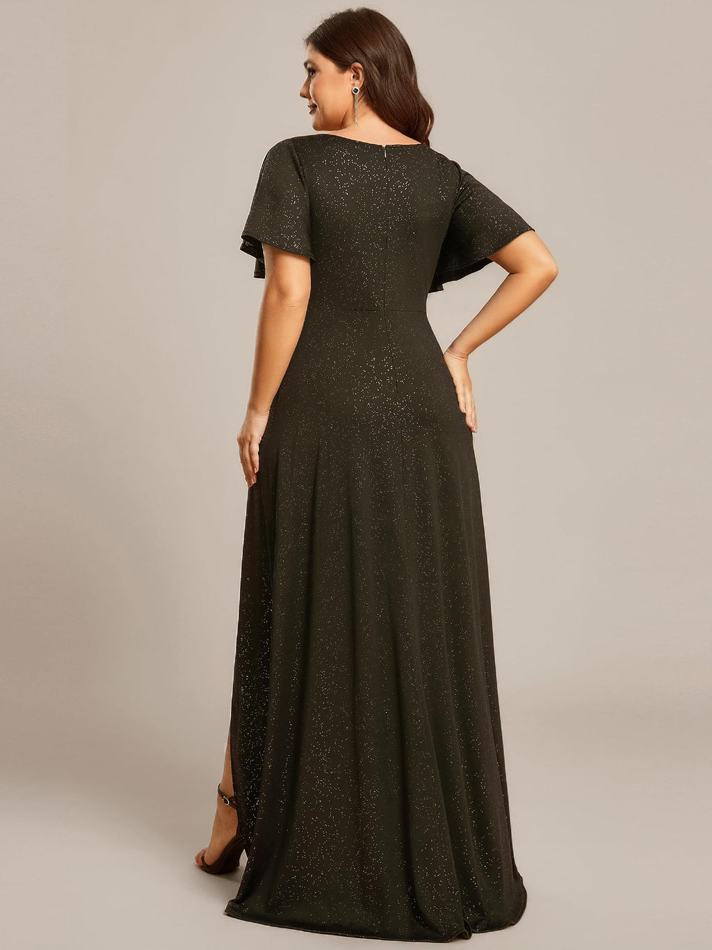Ever-Pretty Glitter Formal Dresses for Cuvvy Women Plus Size A-line High Low Wedding Guest Gala Dress with Ruffles Sleeves