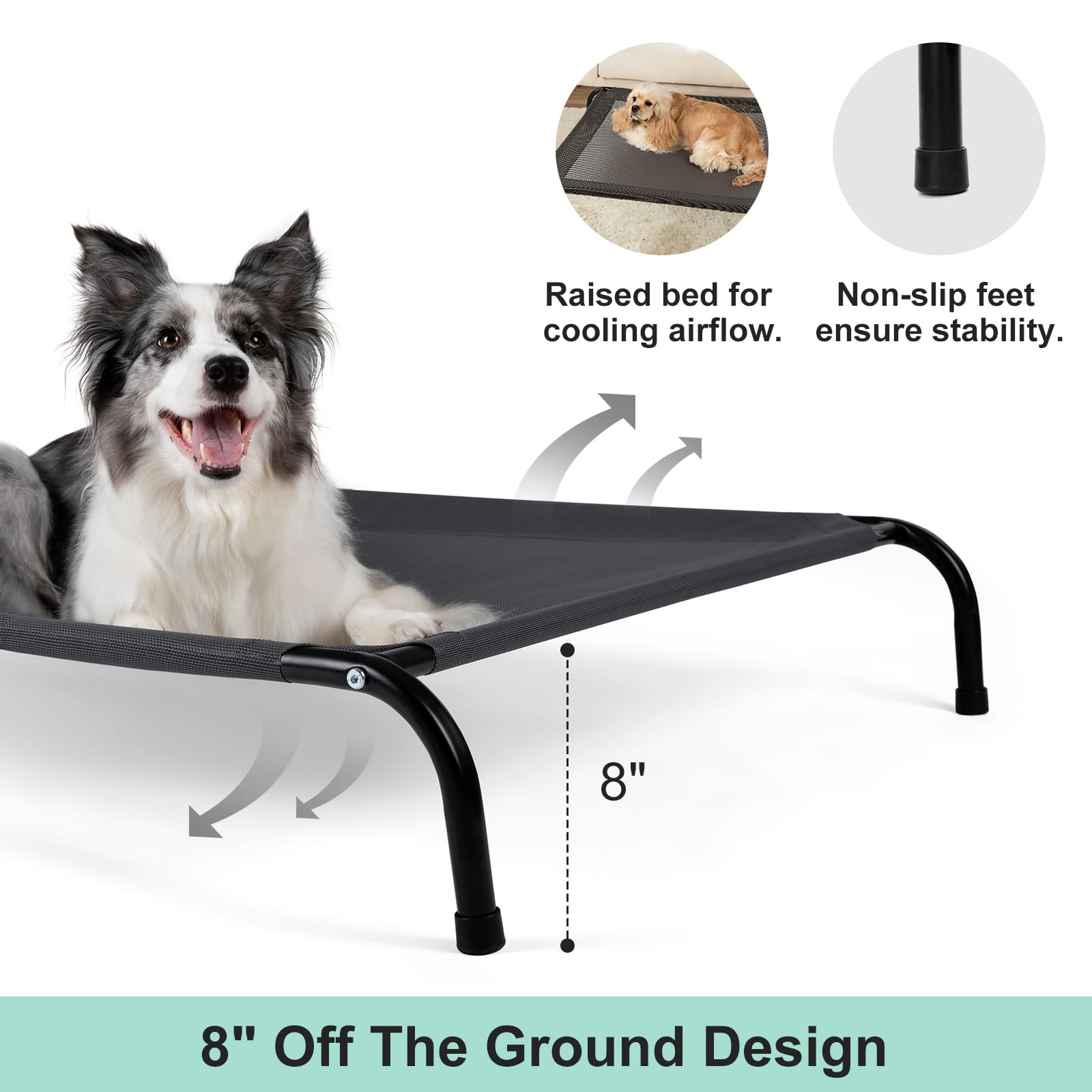 Cooling Elevated Dog Bed with Non-Slip Floor Protectors & Breathable Mesh, Raised Indoor & Outdoor Dog Cot Hammock, 34" L x 22" W x 8" Th, Small, Green