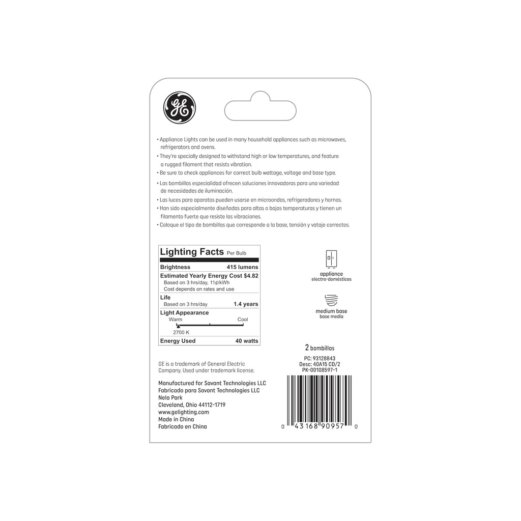 GE Incandescent 40 Watt Soft White A15 Appliance Bulbs 2 Pack