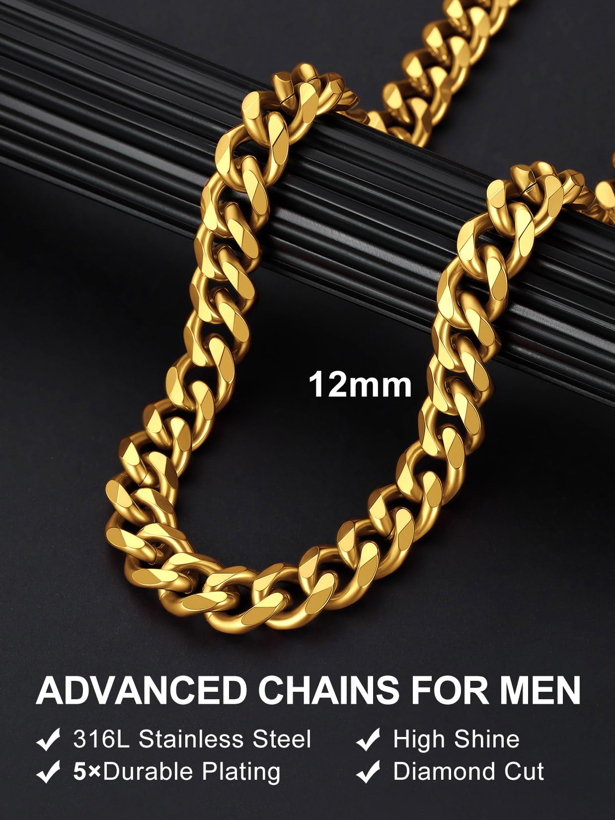 Suplight Cuban Link Chain for Men Women, 18K Gold Plated/Stainless Steel Black Miami Curb Cuban Chain Necklace, 3/6/9/12 mm 14-30 Inch Hip Hop Mens Jewelry, Send Gift Box