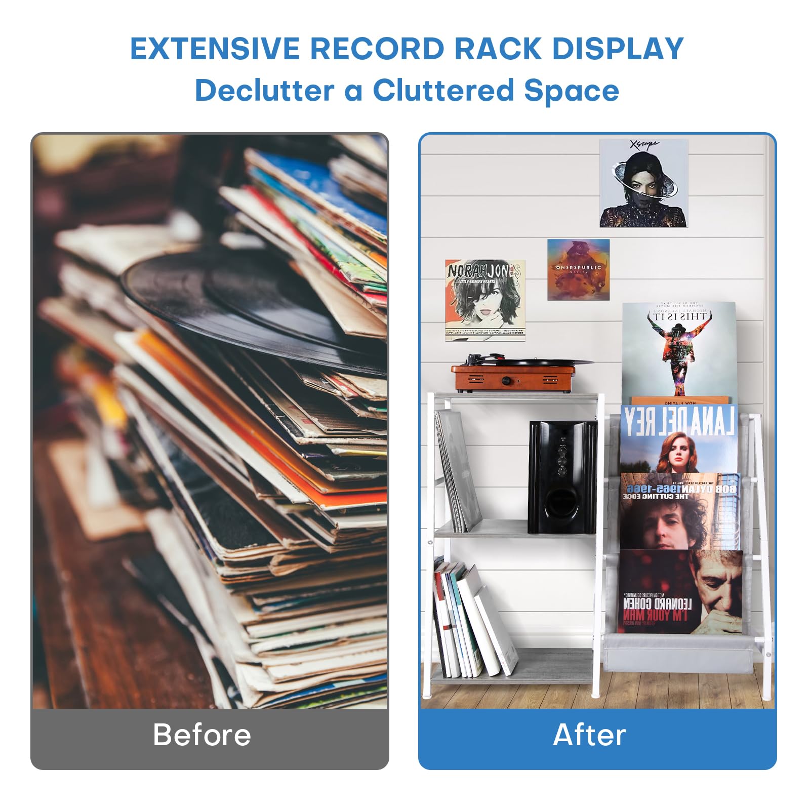 HYCFYJR Record Player Stand, 3-Tier Vinyl Record Storage, Turntable Stand with Now Playing Holder, Vinyl Display for Living Room, Grey & White