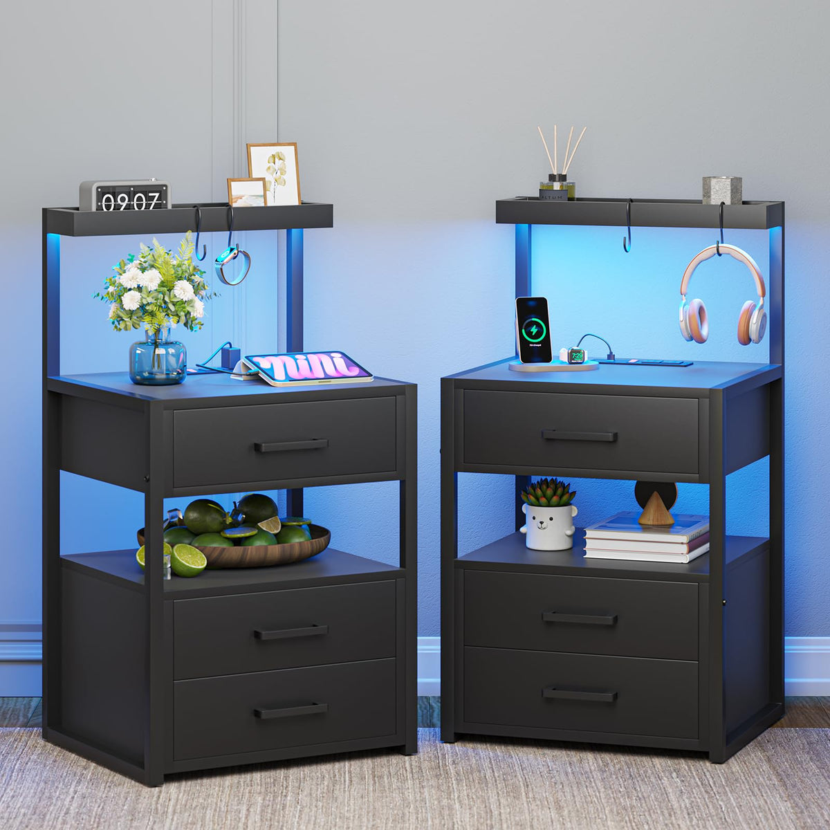 VIAGDO Led Nightstand with Charging Station, 3 Drawers Night Stands with Led Lights, Black Bedside Tables with Storage Shelves, Modern End Side Tables for Bedroom, Office