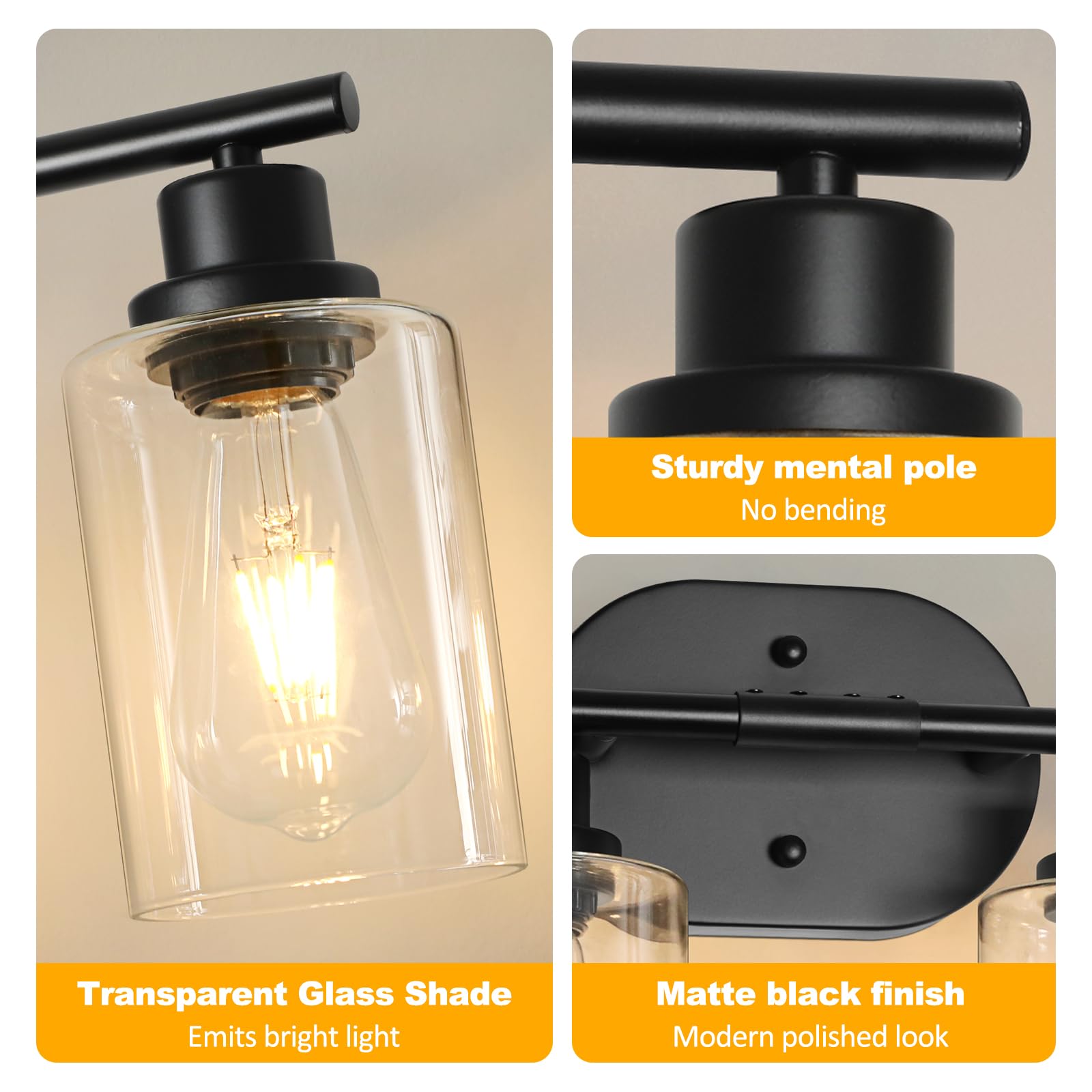 Unicozin 2 Pack Modern Bathroom Light Fixtures, 3 Light Vanity Lights, Black Wall Lamp with Clear Glass for Bathroom, Mirror, Living Room, Bedroom, Hallway, E26 Base