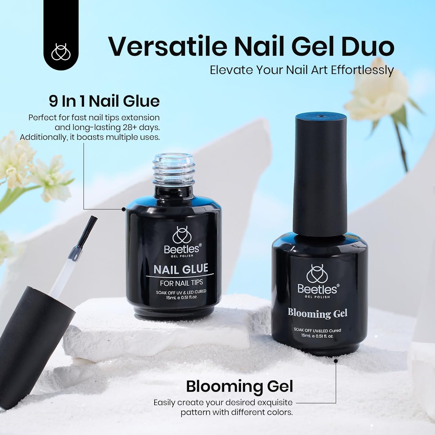 Beetles 2Pcs 15ml Gel Base and Top Coat Set - Upgrade No Wipe Extra Glossy Top Coat Finish for Gel Nail Polish, Soak Off UV/LED Lamp Needed, Essentials for Long-Lasting Manicure Kit